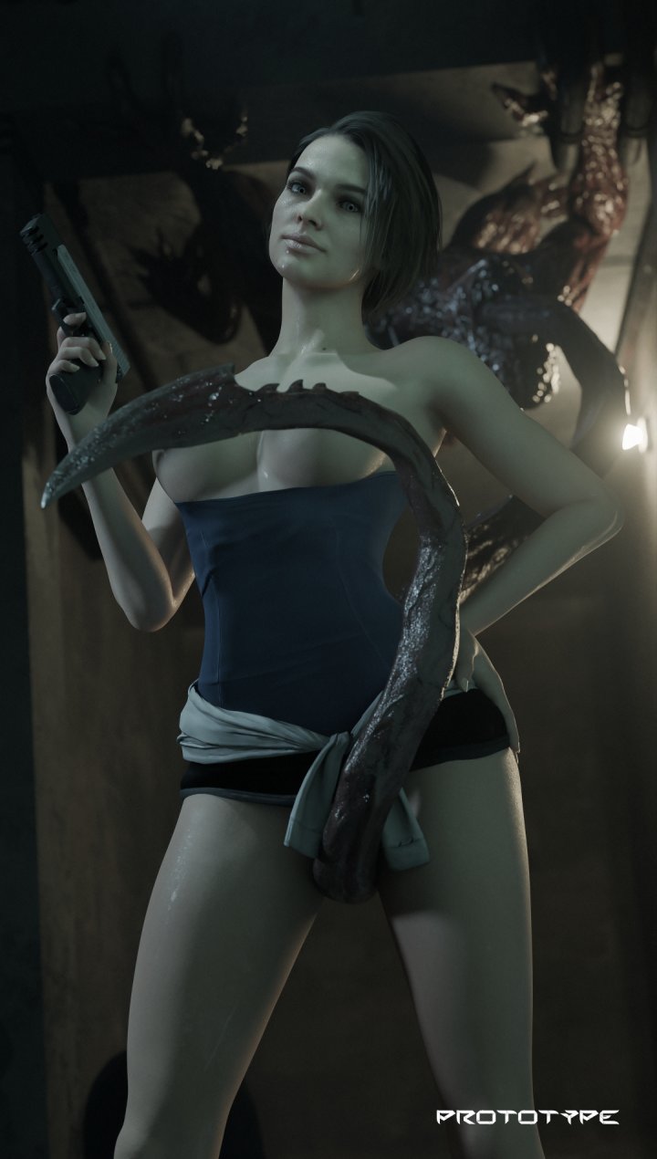 1girls, 3d, 3d (artwork), 3d model, 3d render, bob cut, breasts, breasts out, brown hair, cleavage, clothing, female, firearm, gun, handgun, human, jill valentine (sasha zotova), licker (resident evil), long tongue, looking at viewer, memz3d, miniskirt, monster, monster on female, pale skin, pistol, prototype (artist), resident evil, resident evil 3 remake, short hair, sinthetic, skirt, smile, smiling, tongue, tubetop, weapon humanoid