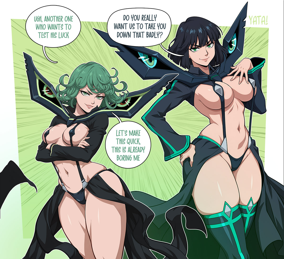2girls, ai generated, big breasts, breasts, crossover, curvaceous, curvy, curvy figure, digital media (artwork), esper, female, fubuki (one-punch man), green eyes, green hair, hanaarasuka, hanagoori arasuka, hips, hourglass figure, kamui (kill la kill), kill la kill, large thighs, legs, looking at viewer, matoi ryuuko (cosplay), one-punch man, psychic, senketsu (cosplay), shortstack, sisters, slim waist, tatsumaki, thick legs, thick thighs, thighs, voluptuous, waist, wide hips, wide thighs, yatagarasupen