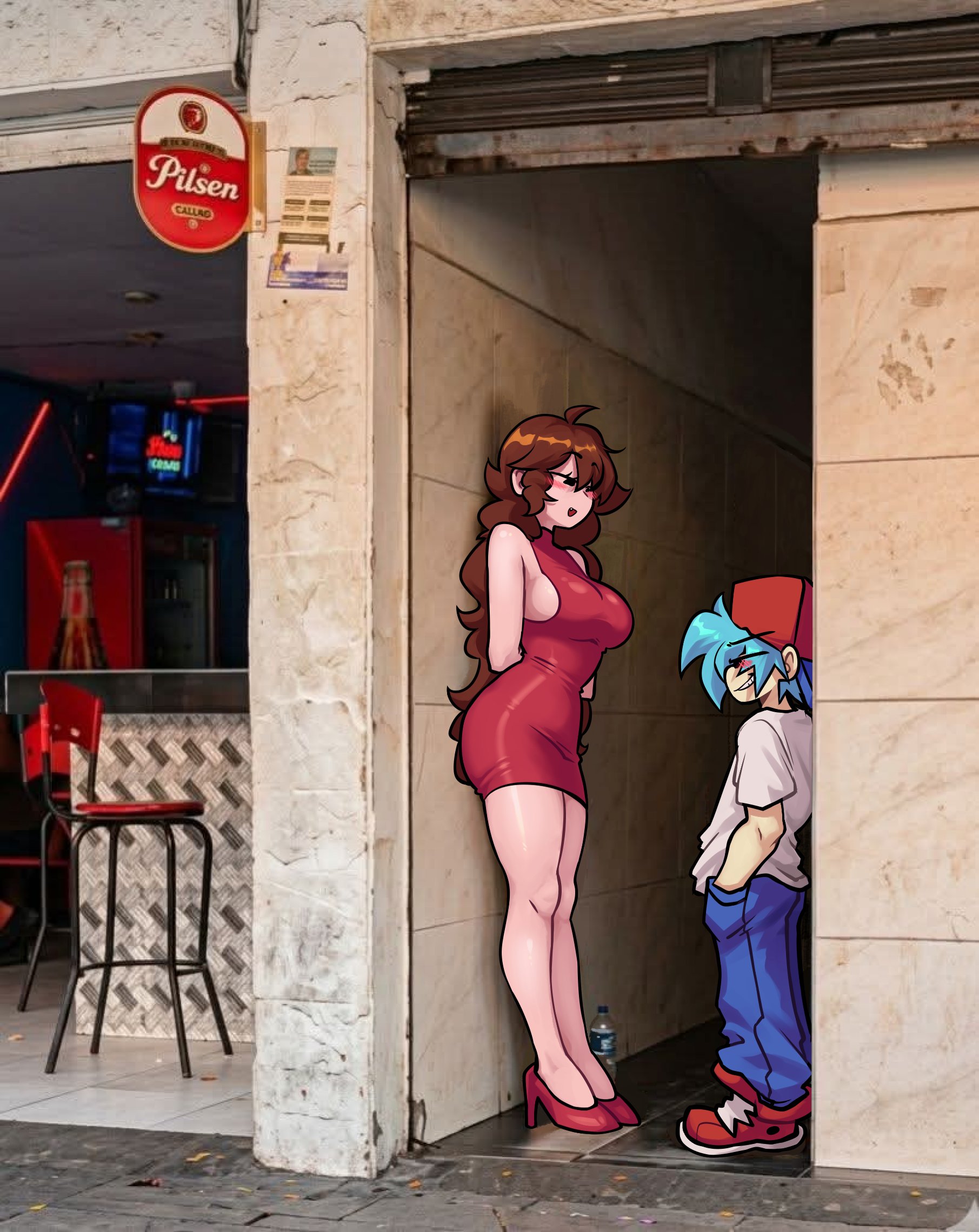 against wall, alleyway milf (meme), big ass, big breasts, blue hair, blushing, boyfriend (friday night funkin), brown hair, colombia, couple (romantic), curvy female, fnf, friday night funkin, girlfriend (friday night funkin), hands on pockets, imminent sex, long hair, medellin, colombia, meme, no sex, pilsen callao, red dress, sideboob, size difference, smaller male, smiling at partner, staring at another, taller female, tight dress, trend