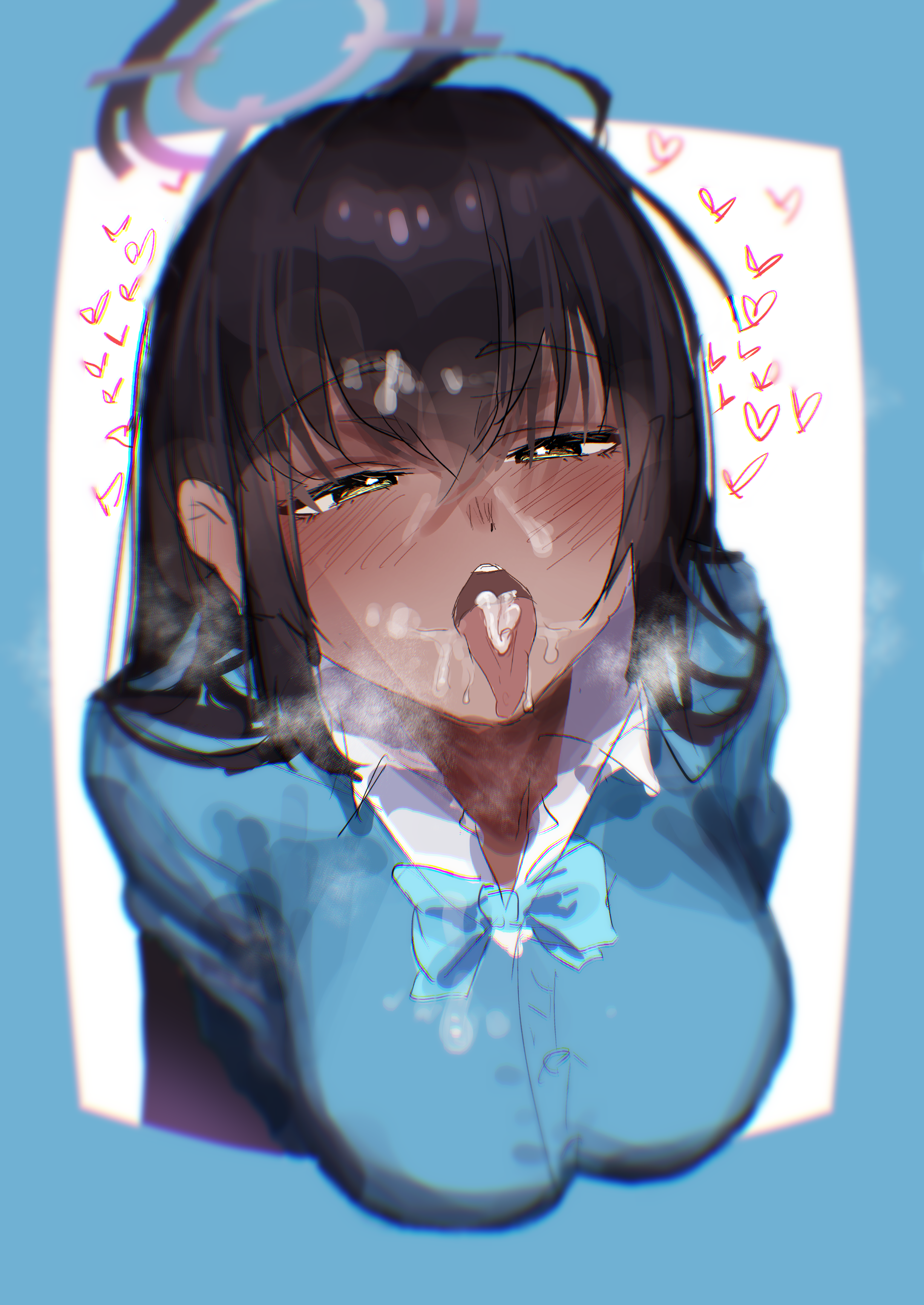 1girls, after ejaculation, black hair, blue archive, blue bow, blue cardigan, blush, bow, breasts, cardigan, cum, cum in hair, cum in mouth, cum on face, facial, female, female only, karin (blue archive), karin (school uniform) (blue archive), large breasts, long hair, open mouth, shirt, spacetazune, sweat, tongue, tongue out, white shirt