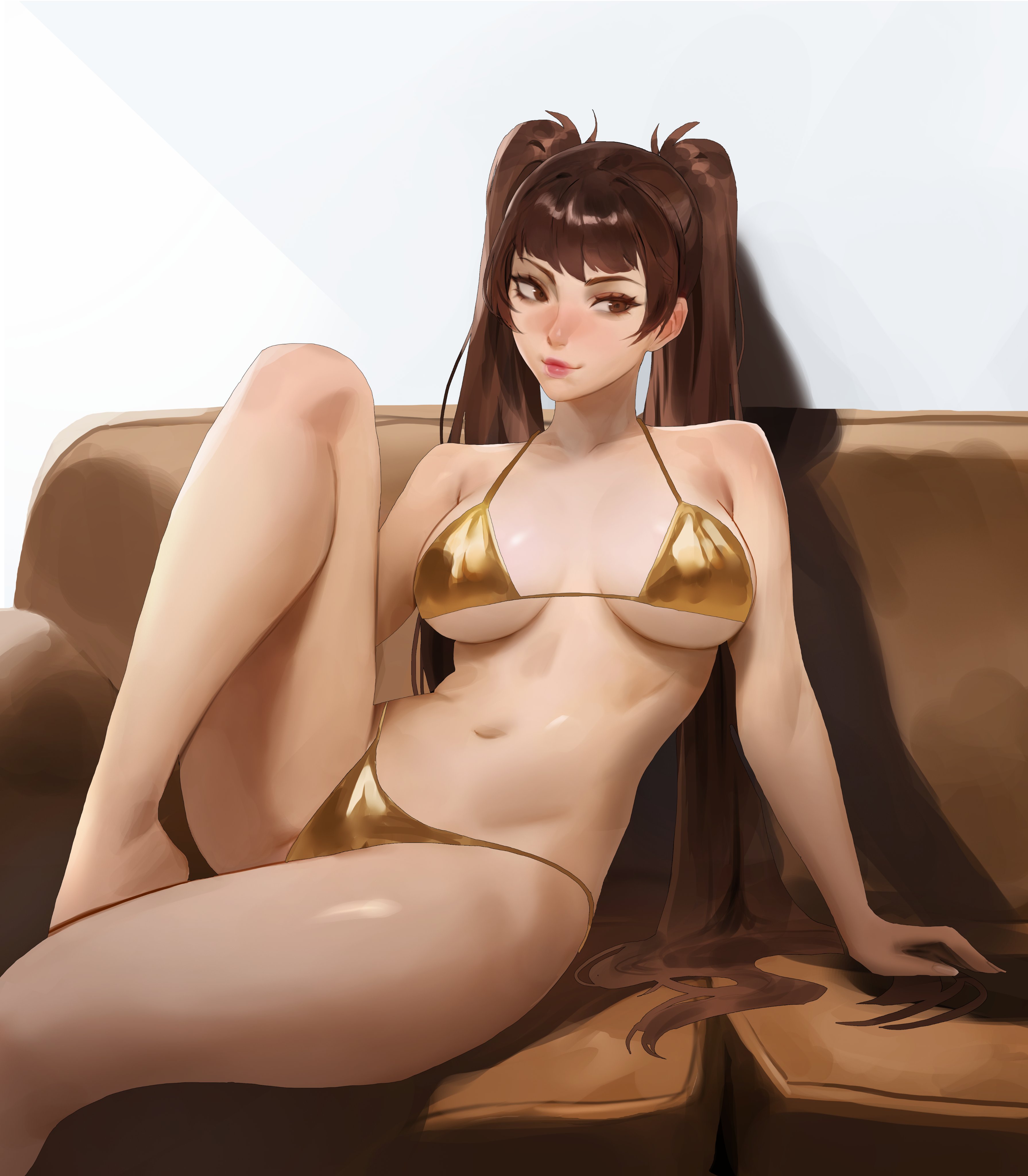 2d, asian, asian female, atlus, belly button, bikini, bikini bottom, bikini top, blush, blushing, brown eyes, brown hair, different breast sizes, female, female only, idol, kujikawa rise, large breasts, leg up, leoquezadilla, persona, persona 4, sitting, sitting on sofa, slim waist, small bikini, spread legs, teenager, video game character, white background