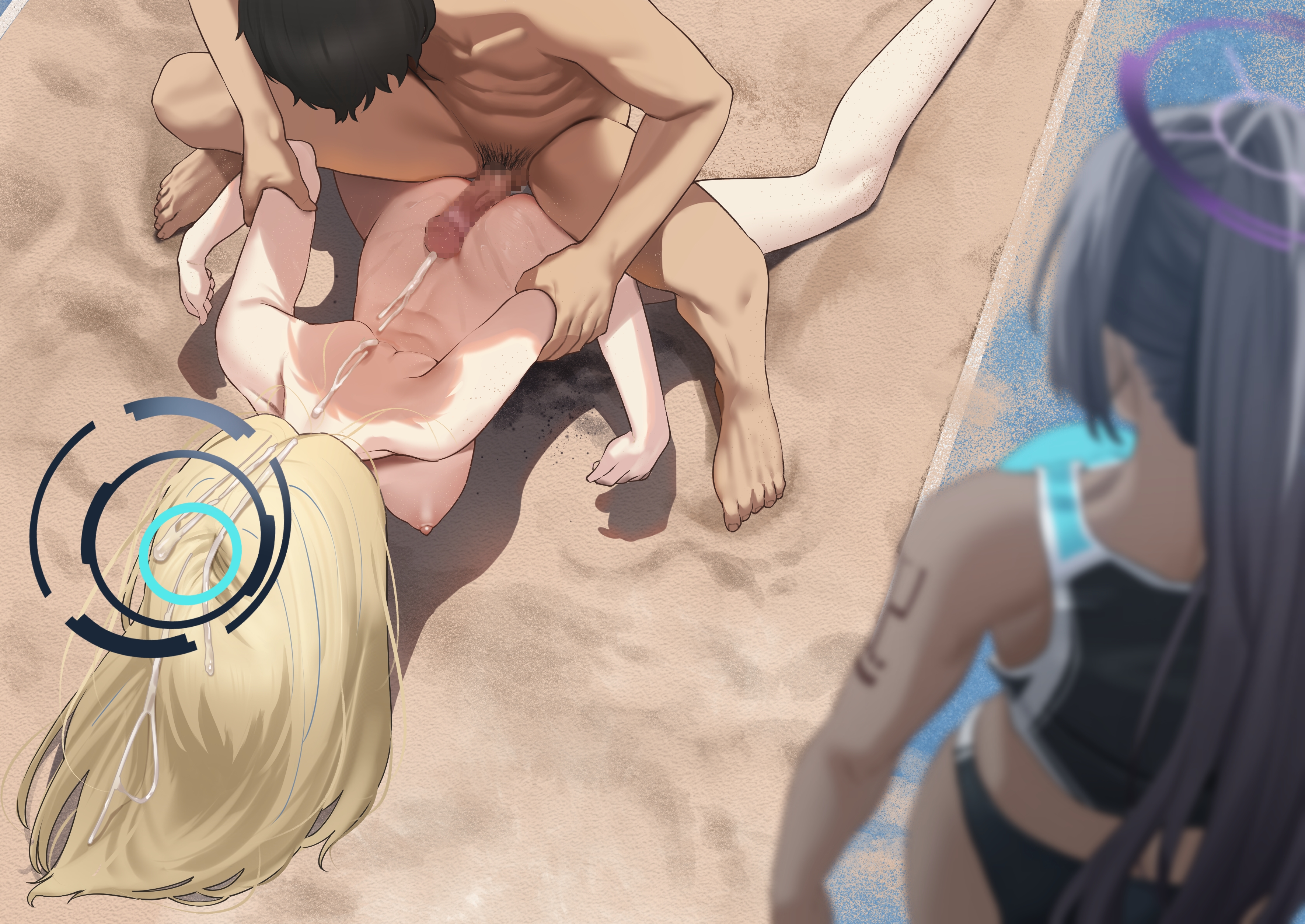 1boy, 2girls, ass, back, back view, black buruma, black hair, black sports bra, blonde hair, blue archive, blue sports bra, blurry, breasts, buruma, character focus, character in background, completely nude, completely nude female, completely nude male, cum, cum on back, cum on hair, cum outside, dark skin, dark-skinned female, day, daytime, depth of field, ears, ejaculating cum, ejaculation, exhibitionism, female, female focus, grabbing, grabbing another's arm, grabbing from behind, gradient hair, hair over face, halo, karin (blue archive), large breasts, long hair, looking at another, looking at partner, looking down, lying, lying on ground, male, medium breasts, multicolored hair, multicolored halo, multicolored sports bra, nipples, nude, nude female, nude male, outdoors, penis, penis on ass, ponytail, pubic hair, purple hair, pussy juice, pussy juice on ground, ramanda, running track, sagging breasts, sand, sensei (blue archive), sex from behind, short hair, solo, solo male, sports bra, sportswear, squatting, standing, tattoo, tattoo on arm, toki (blue archive), track uniform, two-tone sports bra, unseen male face, very high resolution, viewed from above, viewed from behind, watching, watching sex, wet sand