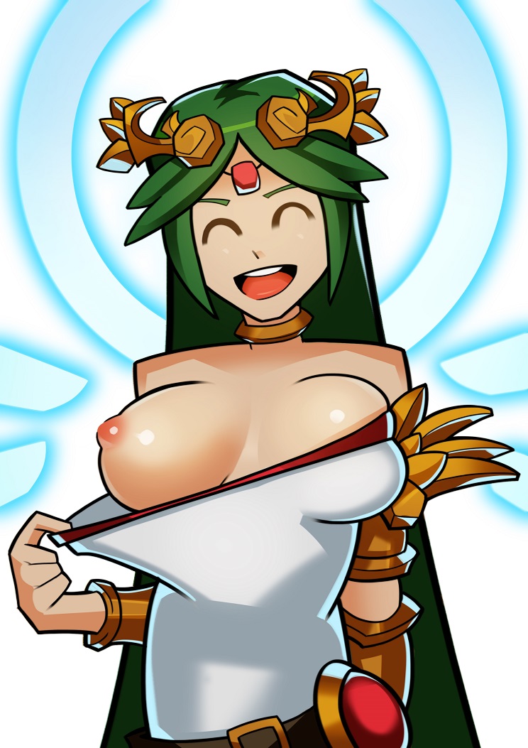 2015, armlet, belt, breasts, circlet, closed eyes, dress, dress pull, female, flashing, gem, green hair, kid icarus, kid icarus uprising, long hair, neck ring, nintendo, nipples, one breast out, open mouth, palutena, puffy nipples, simple background, smile, solo, splashbrush, very long hair, white background