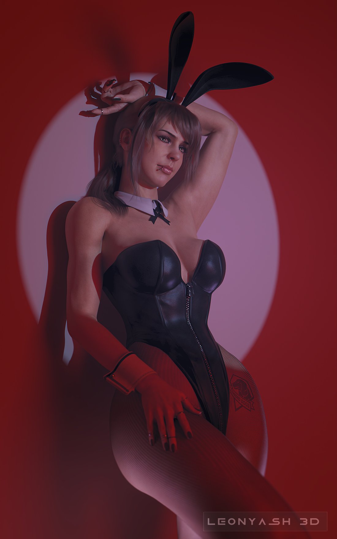 1girls, 2026, 3d, big thighs, black nail polish, breasts, brown hair, bunny girl, bunny suit, bunnysuit, cleavage, clothed, clothed female, cowboy shot, detached collar, detached cuffs, fake bunny ears, female, female only, green eyes, huge breasts, leonyash3d, leotard, lip piercing, long hair, looking at viewer, metal gear solid, metal gear solid v, nail polish, painted nails, pantyhose, piercing, quiet (metal gear), solo, stefanie joosten, thighs, tied hair, wide hips, zipper, zipper leotard