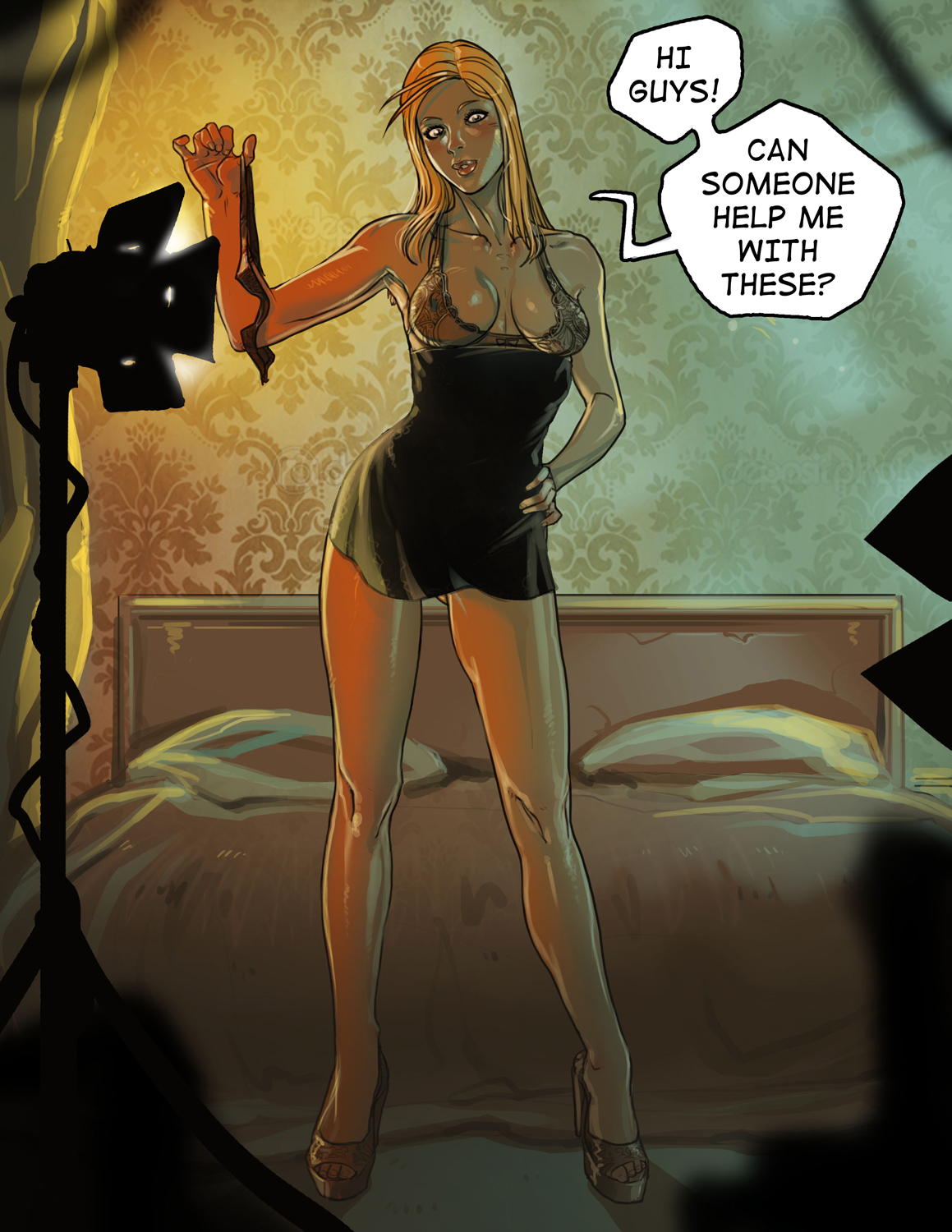 1girls, bed, bedroom, blonde hair, blush, dialogue, dress, female, ganassa, high heels, lingerie, long hair, panties, pillow, solo, standing