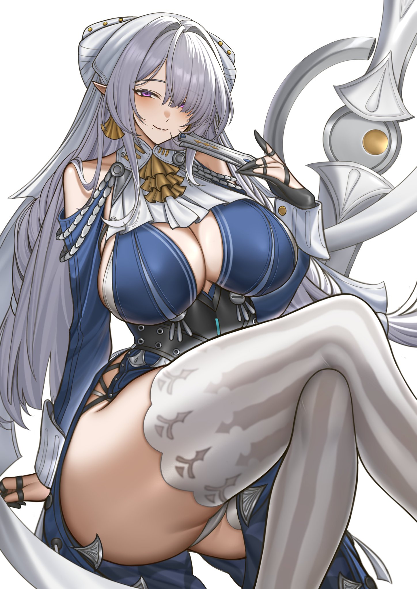 1girls, big breasts, breasts, female, hoyoverse, large breasts, legs crossed, long hair, mature female, mihoyo, panties, pantyshot, pantyshot (sitting), purple eyes, sideboob, thick thighs, thighhighs, underwear, upskirt, velina (zenless zone zero), velina airgid, white hair, white panties, white thighhighs, white underwear, yijie xianyu, zenless zone zero