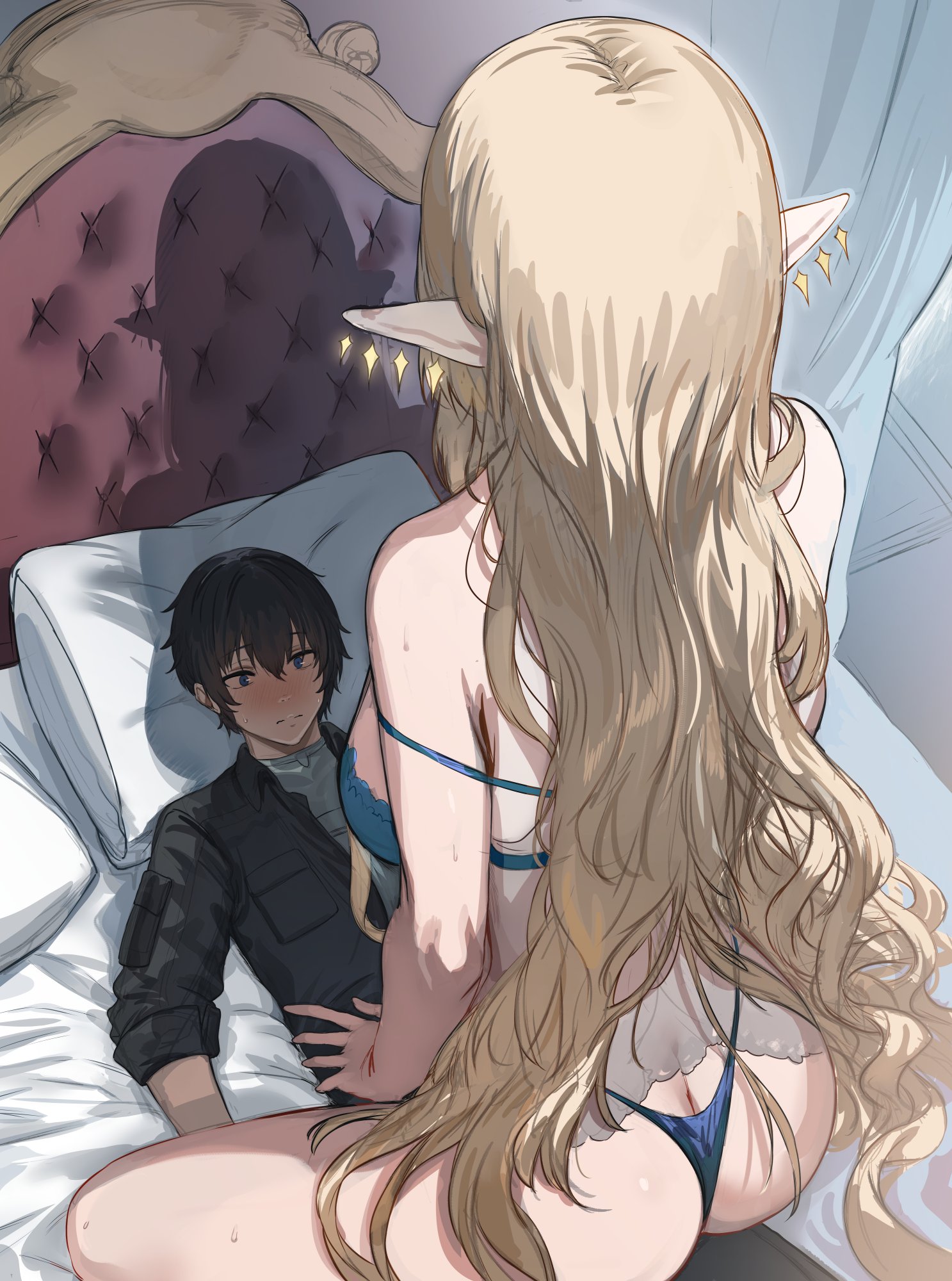 1boy, 1girl, artistic error, ass, back, bed, bedroom, black hair, black jacket, blonde hair, blue bra, blue thong, bra, breasts, butt crack, collared jacket, earrings, facing away, fleurdelys (wuthering waves), floating earrings, from behind, girl on top, headboard, hetero, hews, highres, indoors, jacket, jewelry, large breasts, long hair, lying, male rover (wuthering waves), no horns, on back, on bed, panties, pointy ears, rover (wuthering waves), silhouette, sitting, sitting on person, size difference, straddling, strap slip, taller female, underwear, very long hair, wuthering waves