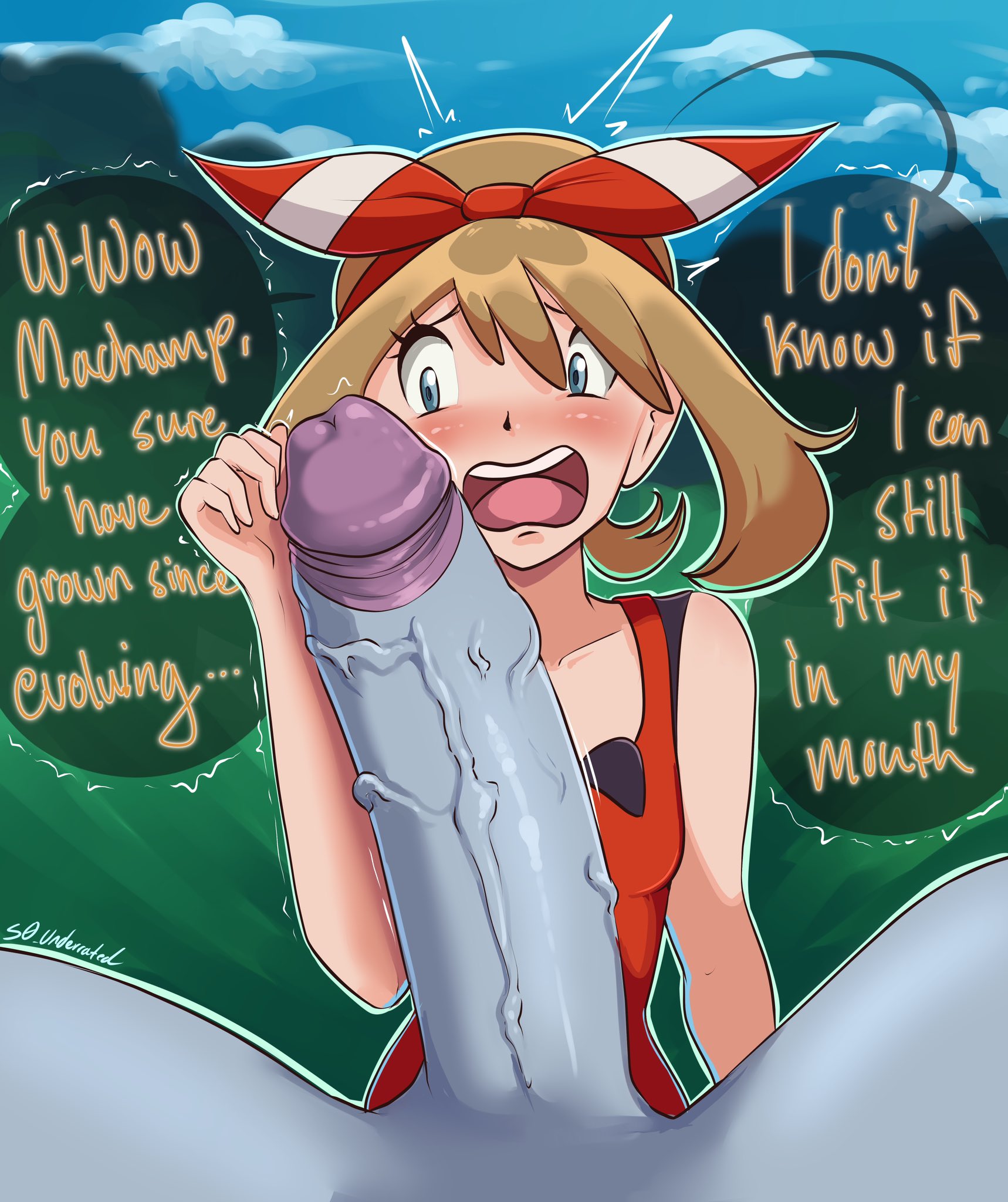 1boy, 1girls, 2025, big penis, blue eyes, blush, brown hair, dialogue, english text, erect penis, female, female focus, forearm cock, generation 1 pokemon, hair ribbon, hi res, huge cock, human, imminent sex, it'll never fit, looking at penis, machamp, male, male pokemon/female human, may (pokemon), nintendo, open mouth, penis, penis awe, pokemon, pokemon (species), pokemon rse, pokephilia, s0 underrated, speech bubble, text, uncensored, worried, worried expression