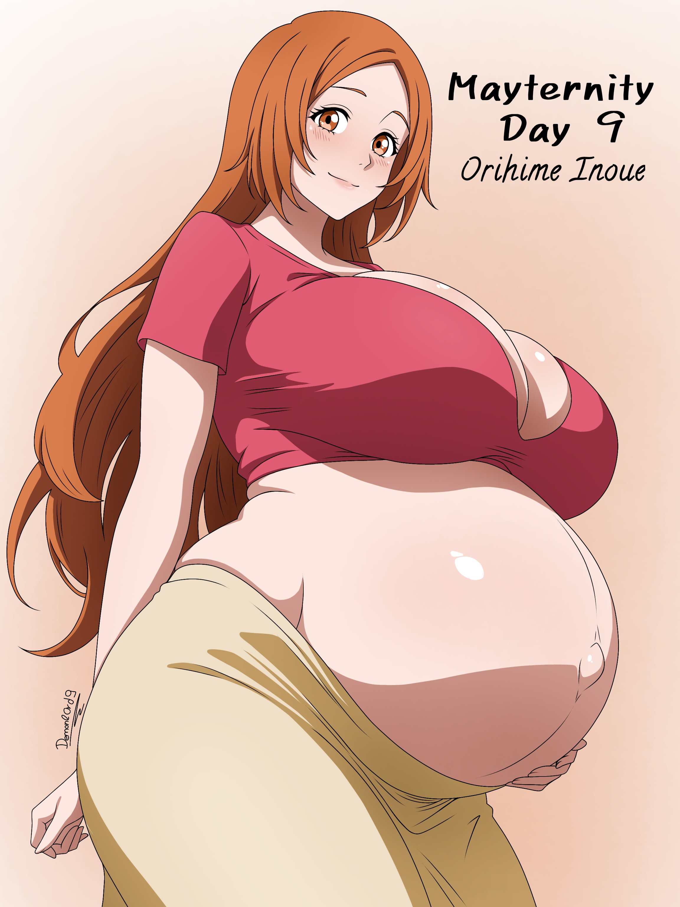 belly overhang, big belly, big breasts, bleach, demonl0rd9, hand on belly, hyper belly, hyper pregnancy, inoue orihime, large breasts, looking at viewer, orange hair, orihime inoue, pregnant, pregnant belly, pregnant female, smile