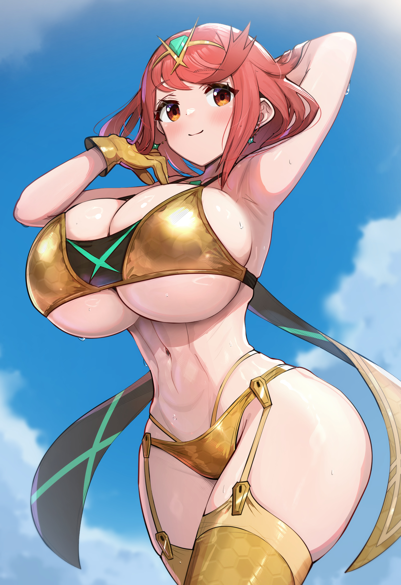 1girl, alternate breast size (larger), bare shoulders, bikini, blue sky, blush, bob cut, breasts, closed mouth, cloud, commentary request, curvy, earrings, floating earrings, garter straps, gloves, gold bikini, gold gloves, gold thighhighs, gonzarez, headpiece, highres, huge breasts, jewelry, looking at viewer, narrow waist, navel, outdoors, pyra, pyra (xenoblade), red eyes, red hair, short hair, sky, smile, solo, stomach, swept bangs, swimsuit, thick thighs, thighhighs, thighs, tiara, wide hips, xenoblade (series), xenoblade chronicles 2