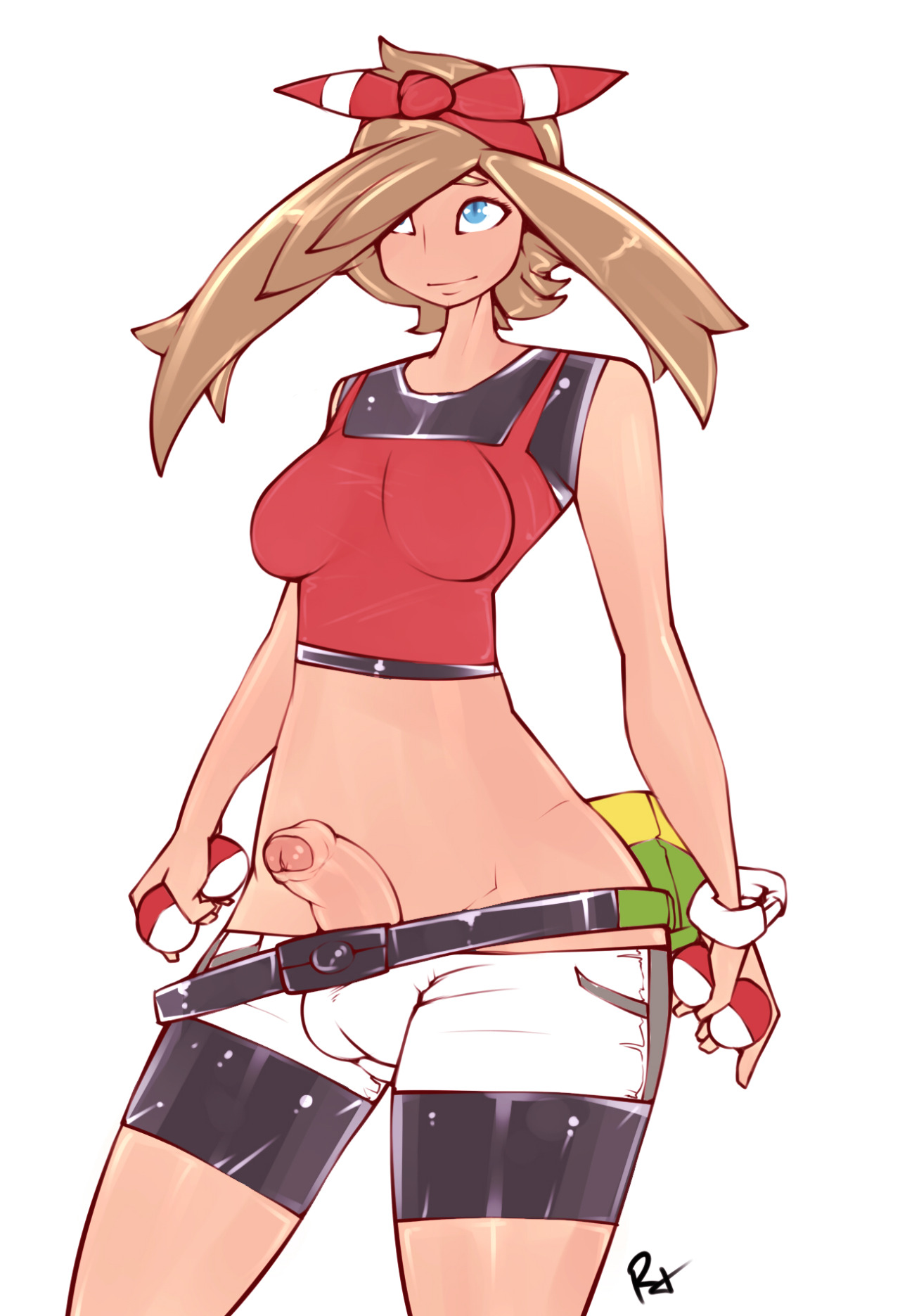 1futa, bag, balls, bandana, belt, blue eyes, bow, breasts, brown hair, clothed, foreskin, full-package futa, futa only, futanari, human, human only, intersex, may (pokemon oras), may (pokemon), partially retracted foreskin, penis, poke ball, pokemon, r4, retracted foreskin, skin tight, solo, testicles, uncircumcised, uncut