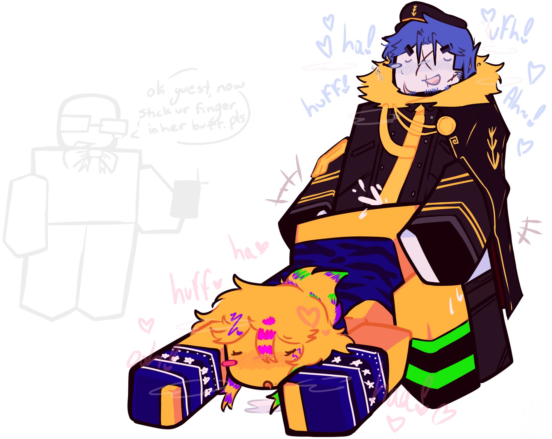 artist self-insert, ass up, background character, bent over, blocky body, blush, bottomless, cum, cum inside, cum splatter, doggy style, duo, duo focus, face down ass up, forsaken (roblox), guest (roblox), guest 1337 (forsaken), moaning, myiiwnetta, noob, noob (forsaken), open mouth, panting, pants down, roblox, roblox game, robloxian, scene noob