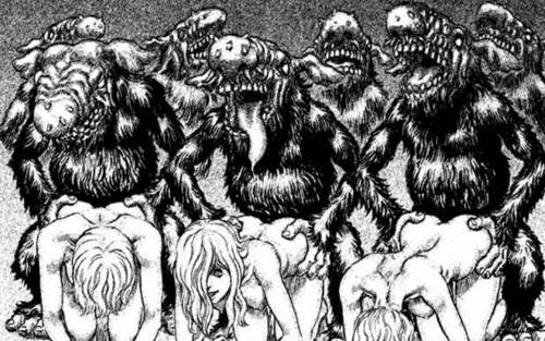 3girls, 6+boys, 7boys, ass, bareback, berserk, black and white, canon, female, forced, from behind, fur, male, manga, monster, multiple females, multiple girls, nude, rape, sex, troll