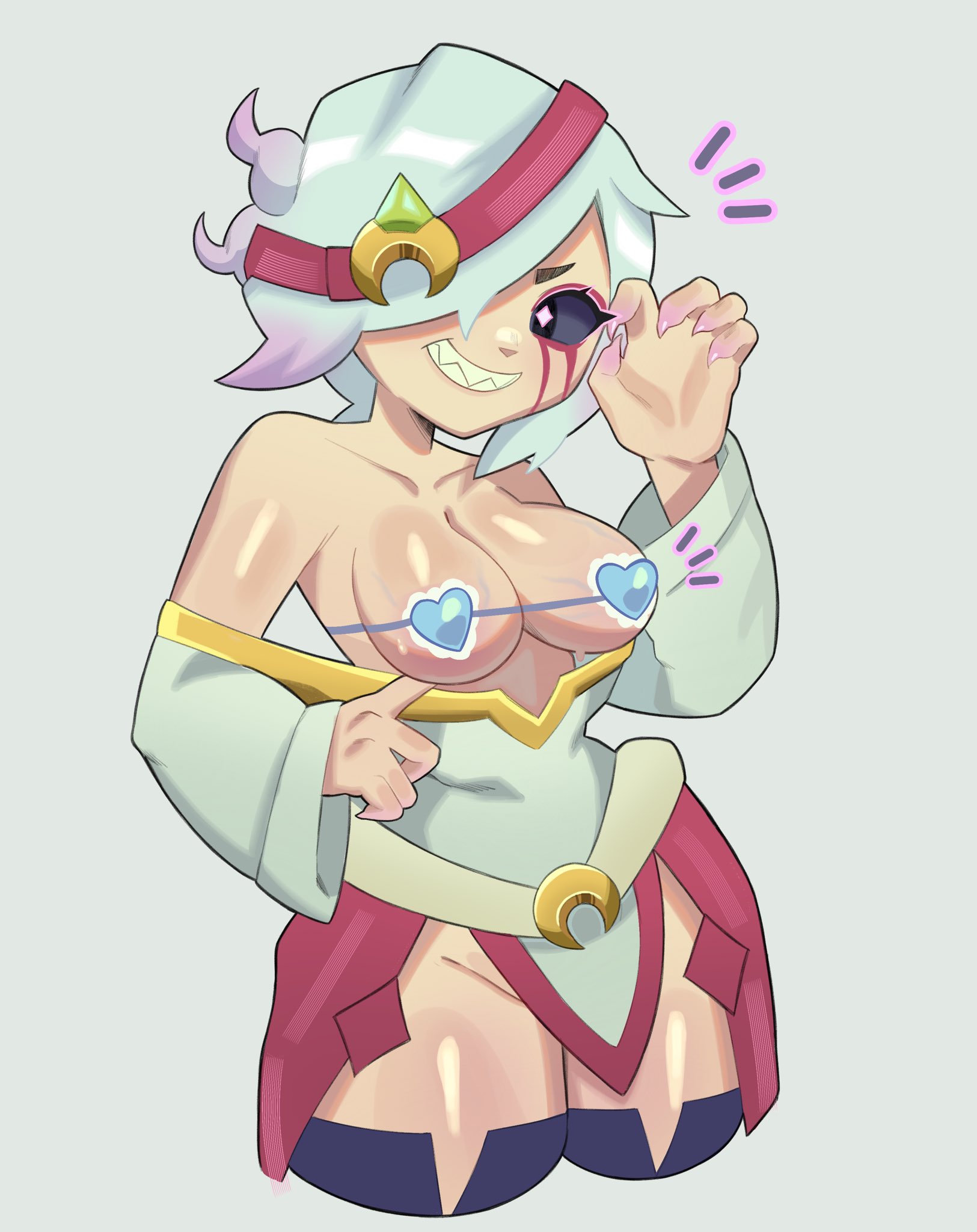 bikini top, black sclera, brawl stars, breasts, colette (brawl stars), headgear, one eye obstructed, pink eyes, revealing clothes, sharp teeth, short hair, slim waist, smile, stockings, tagme, thick thighs, underwear, uniform, vantenicy, void colette (brawl stars), voluptuous, white hair, wide hips