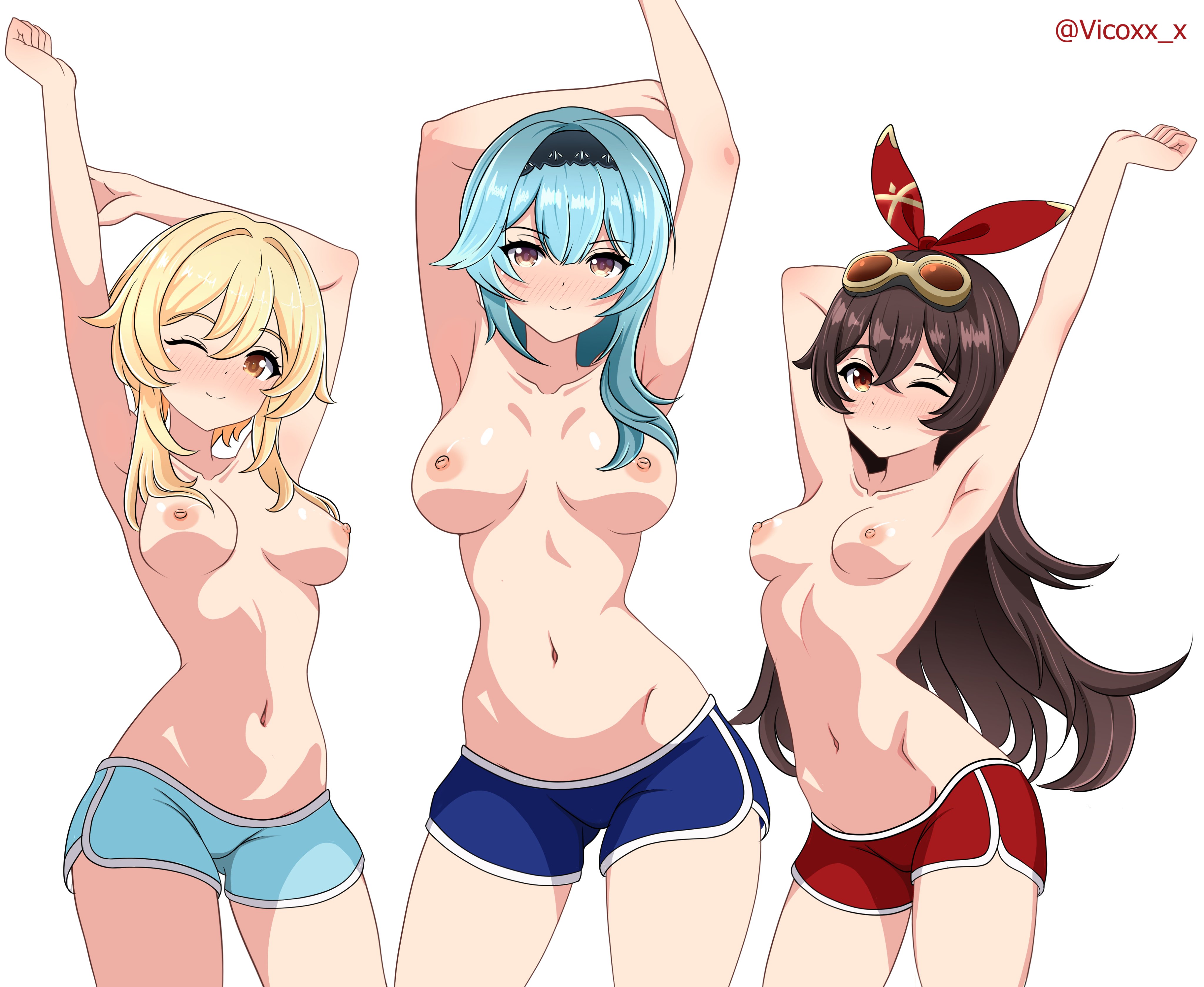 3girls, amber (genshin impact), armpits, arms up, blonde hair, blush, brown hair, eula (genshin impact), female, female only, genshin impact, gym shorts, hoyoverse, long hair, lumine (genshin impact), mihoyo, mondstadt girls, smile, teal hair, topless, vicoxx, wink