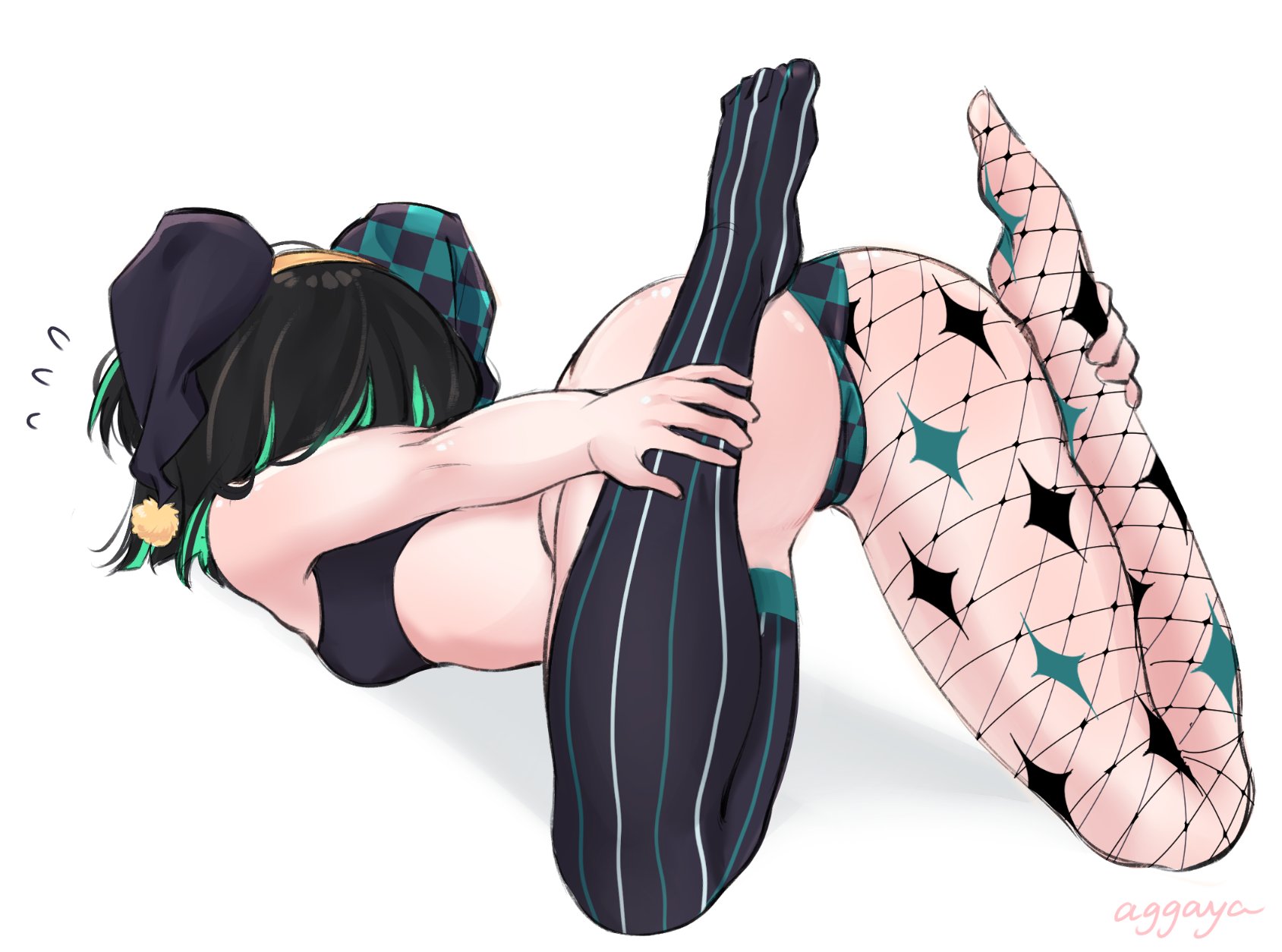 1girls, amo aster, artist name, black hair, breasts, clown, clown girl, female, female only, fishnets, green hair, harlequin, hat, indie virtual youtuber, light skin, light-skinned female, small breasts, solo, two-tone hair, virtual youtuber, yoga pose, yoga pose meme 2026