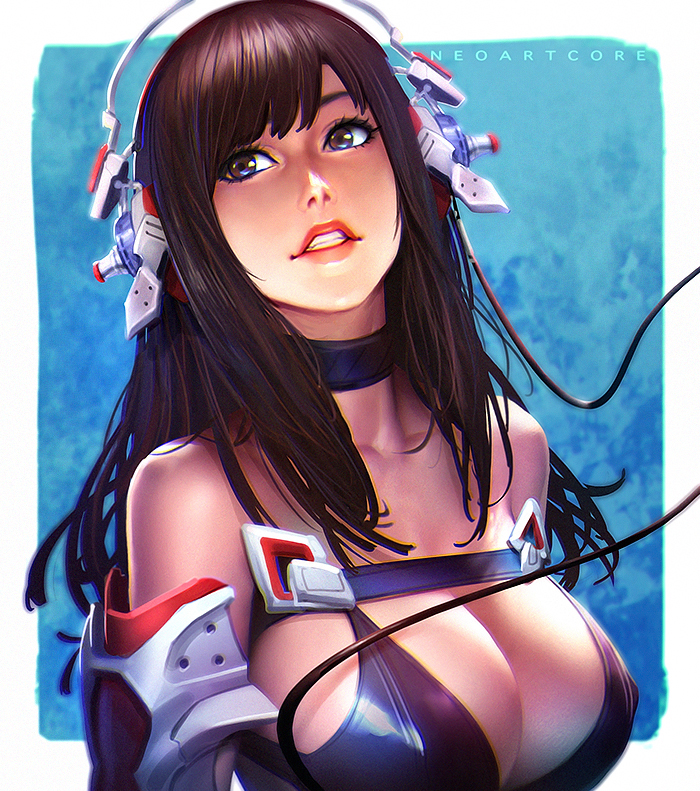 bikini top, breasts, brown eyes, brown hair, choker, cleavage, female, headgear, headphones, large breasts, long hair, neoartcore, original, original character, solo, unnamed character