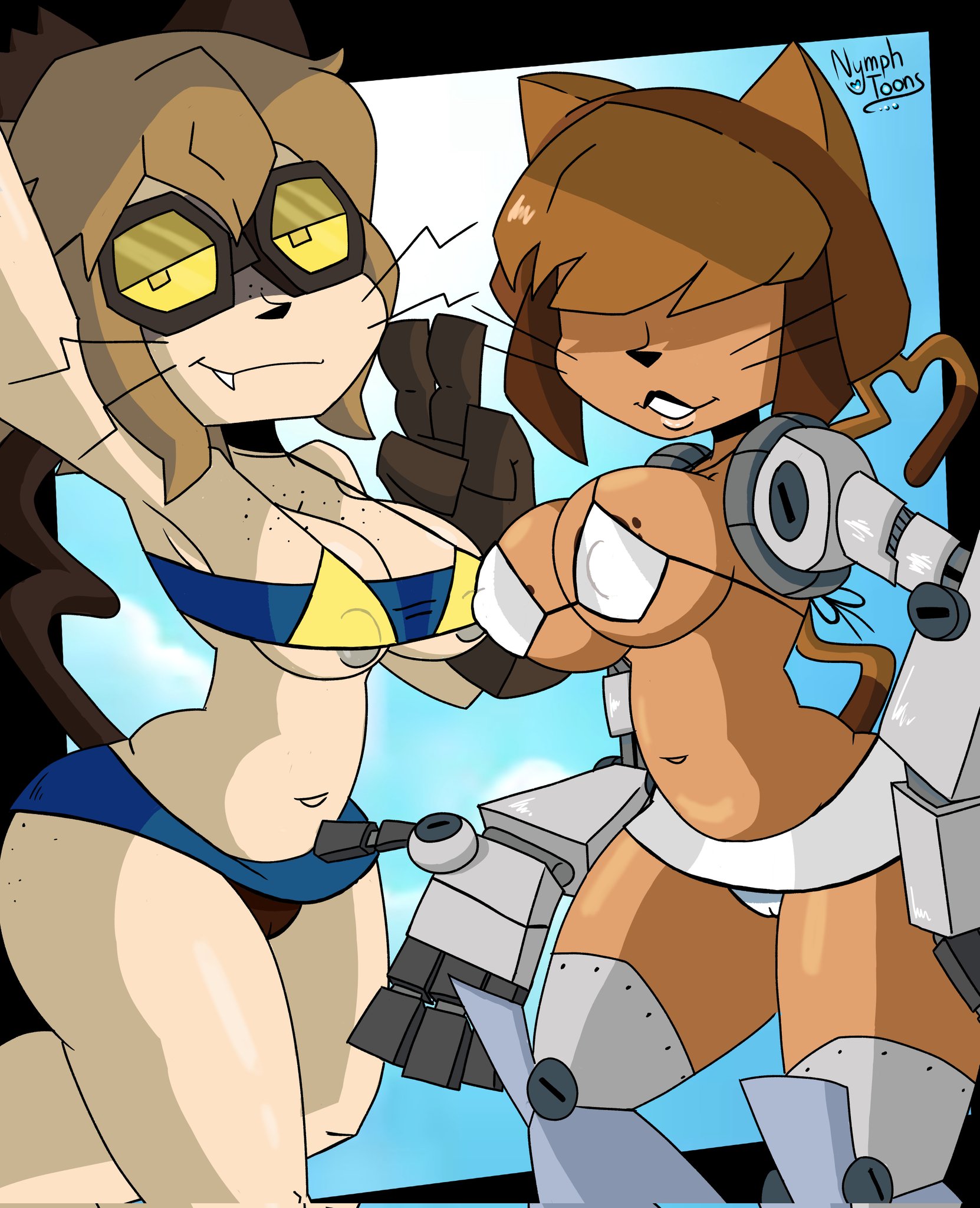 2girls, anthro, background character, background characters, bangs, bangs covering eyes, bangs over eyes, bikini, catgirl, feline, female, female only, furry, gameoverse, glitch productions, heart tail, heart tail (gameoverse), nymphtoons0 0, robotic arm, scratch (gameoverse), tina (gameoverse), tina bodega