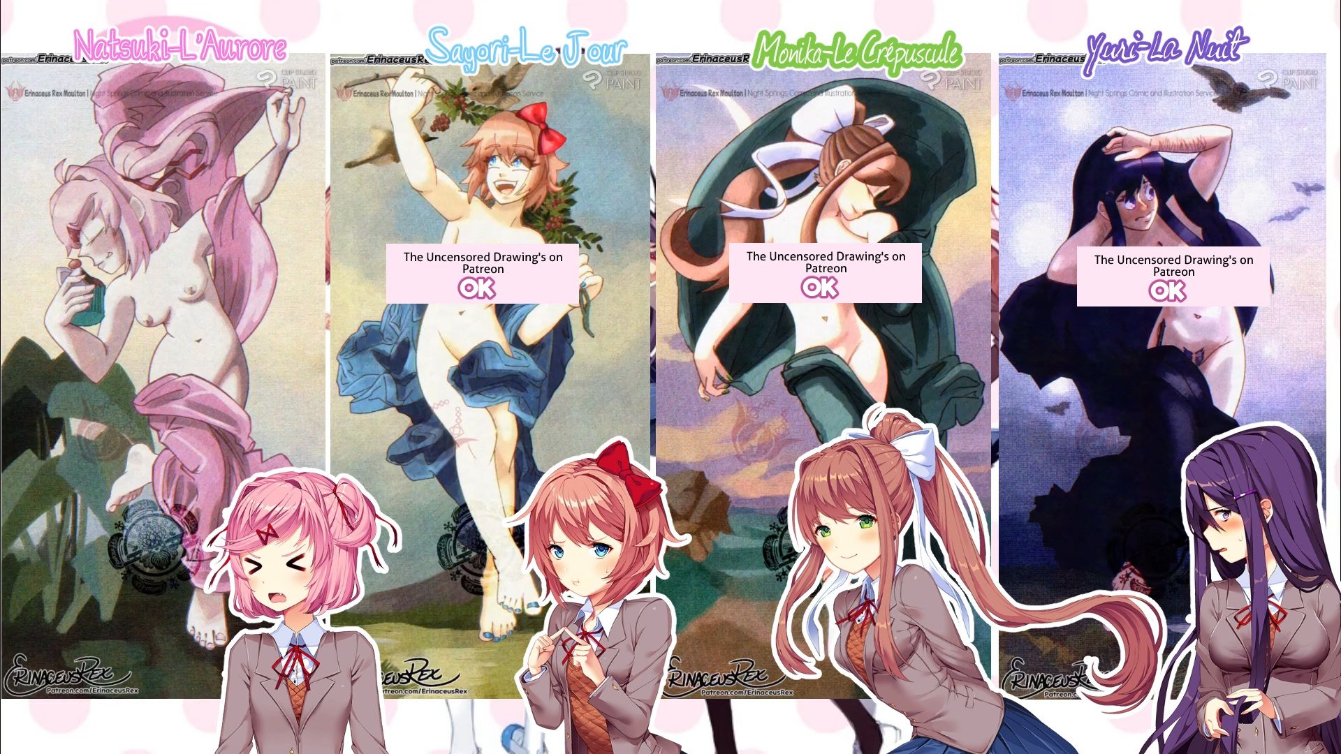 4girls, artistic nude, breasts, doki doki literature club, embarrassed, embarrassed naked female, embarrassed nude female, enf, erinaceus rex moulton, female, monika (doki doki literature club), naked, natsuki (doki doki literature club), nude, sayori (doki doki literature club), tagme, william-adolphe bouguereau, yuri (doki doki literature club)