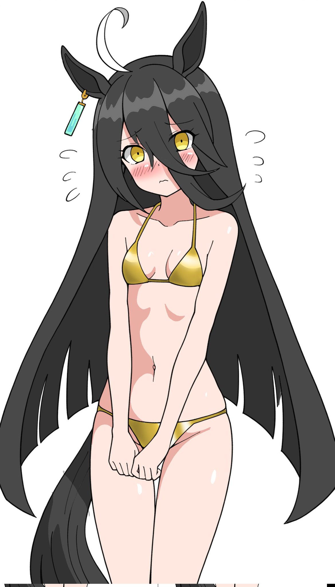black hair, blush, cygames, golden bikini, long hair, manhattan cafe (umamusume), small breasts, sodeshita mashumaro, tail, umamusume, umamusume pretty derby