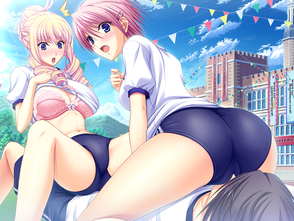 2girls ass bertille_althusser blonde_hair bloomers blue_eyes blush bra breasts building buruma cleavage clouds drill_hair facesitting game_cg gym_uniform hair_bun highres kisaki_mio komori_kei large_breasts legs long_hair looking_at_viewer looking_back looking_down lying mountain multiple_girls navel open_mouth pink_hair reverse_spitroast school shirt_lift short_hair sitting sitting_on_person sky spread_legs thighs walkure_romanze walkure_romanze_more_&_more