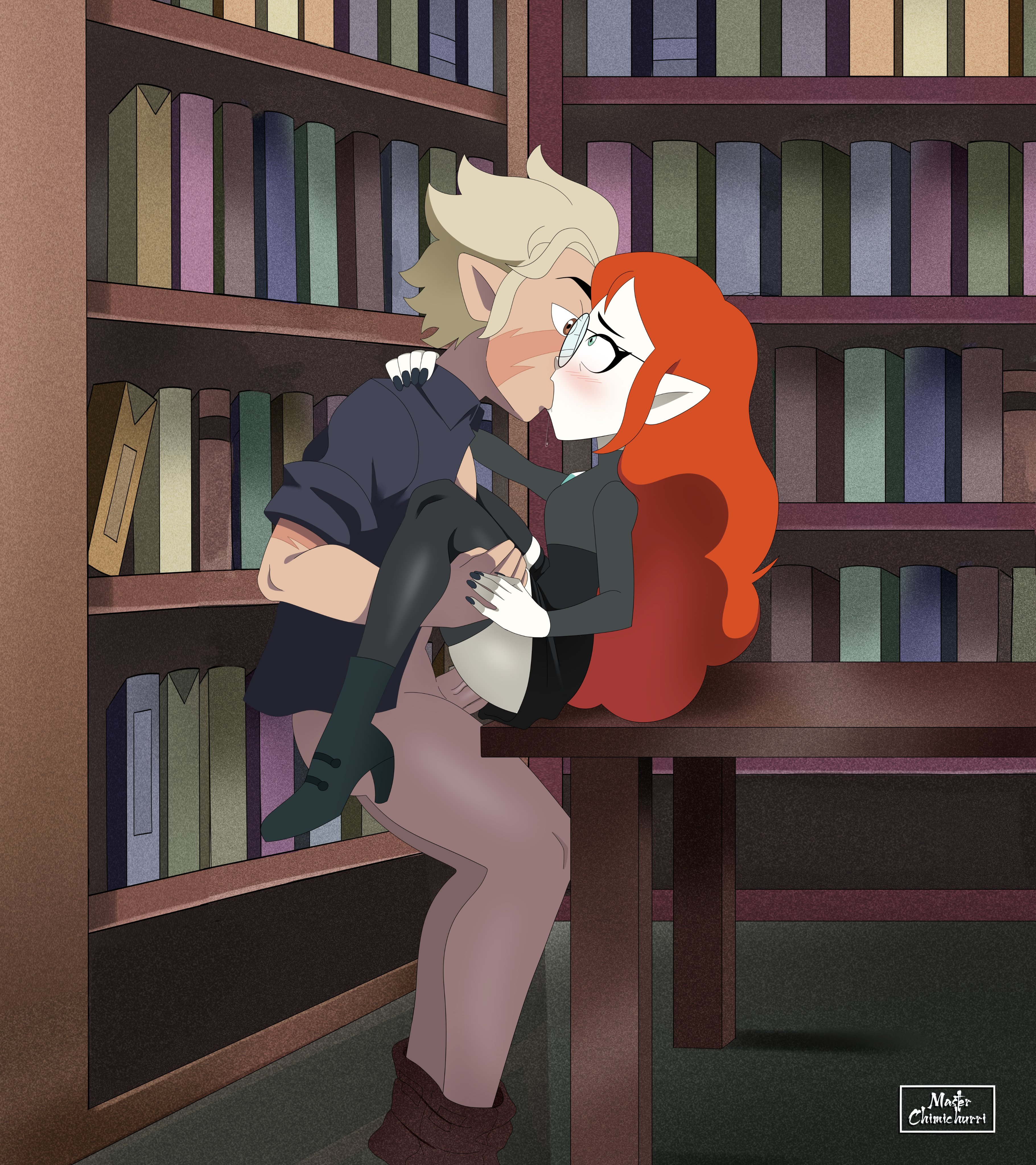 age difference, aged down, blush, carrying, carrying another, carrying partner, carrying person, carrying position, chimichurri, elf, elf ears, french kiss, french kissing, glasses, hunter, hunter (the owl house), kiss, kiss on lips, kissing, kissing while penetrated, lilith clawthorne, lilith clawthorne (young), master chimichurri, milf, penetration, penis, penis in pussy, potion, scar, scar on face, scars, sex on table, smile, table, tagme, the owl house, the owl house (finale), younger male