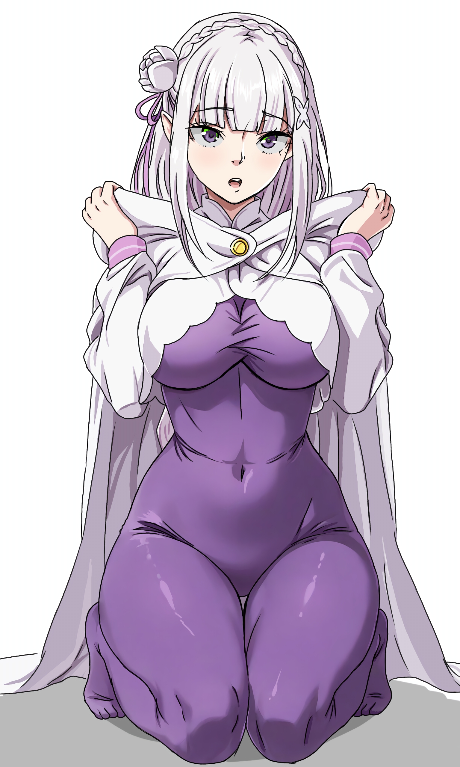 1girls, breasts, cape, elf, elf ears, elf female, emilia (re:zero), female only, flower, flower in hair, gtxanimator, huge breasts, jumpsuit,, large breasts, purple eyes, re:zero kara hajimeru isekai seikatsu, silver hair, skin tight suit, submissive female, thick thighs, tight clothing, white cloak, white hair