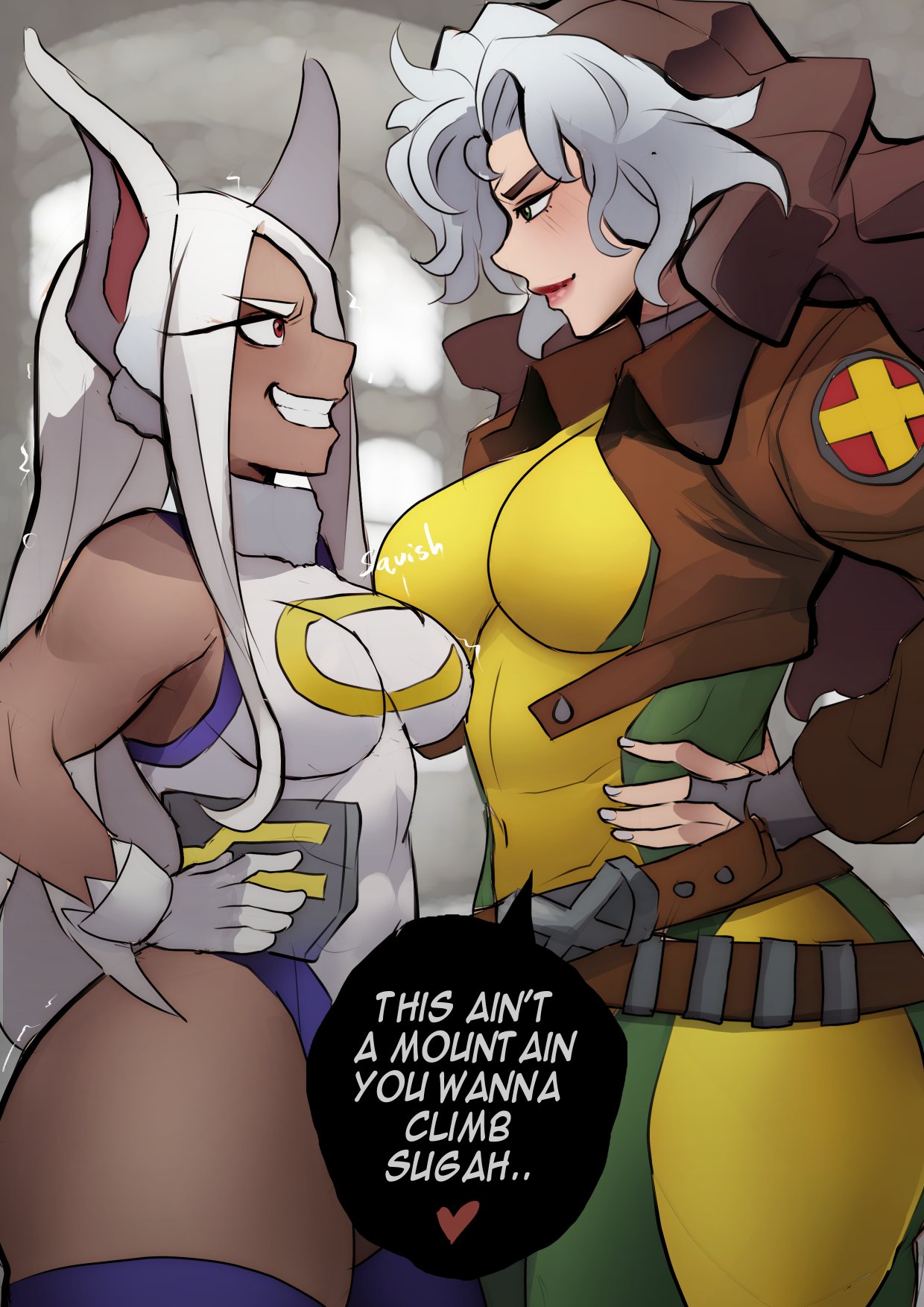 2d, 2girls, abs, athletic, athletic female, big boobs, big breasts, big tits, blush, blushing, blushing female, boku no hero academia, boobs, breasts, brunette, brunette female, brunette hair, bunny ears, bunny girl, clothed, clothes, clothing, curvaceous, curvaceous body, curvaceous female, curvaceous figure, curvaceous hips, curvy, curvy body, curvy female, curvy figure, female, female focus, female only, foonie xd, fully clothed, hands on hips, heroine, hips, jacket, larger female, leotard, long hair, marvel, marvel rivals, miruko, muscular, muscular female, muscular thighs, my hero academia, rogue (marvel rivals), rogue (x-men), shorter female, skin tight, smaller female, superhero, superheroine, taller female, thick hips, thick thighs, thighs, tight clothing, tits, wide hips