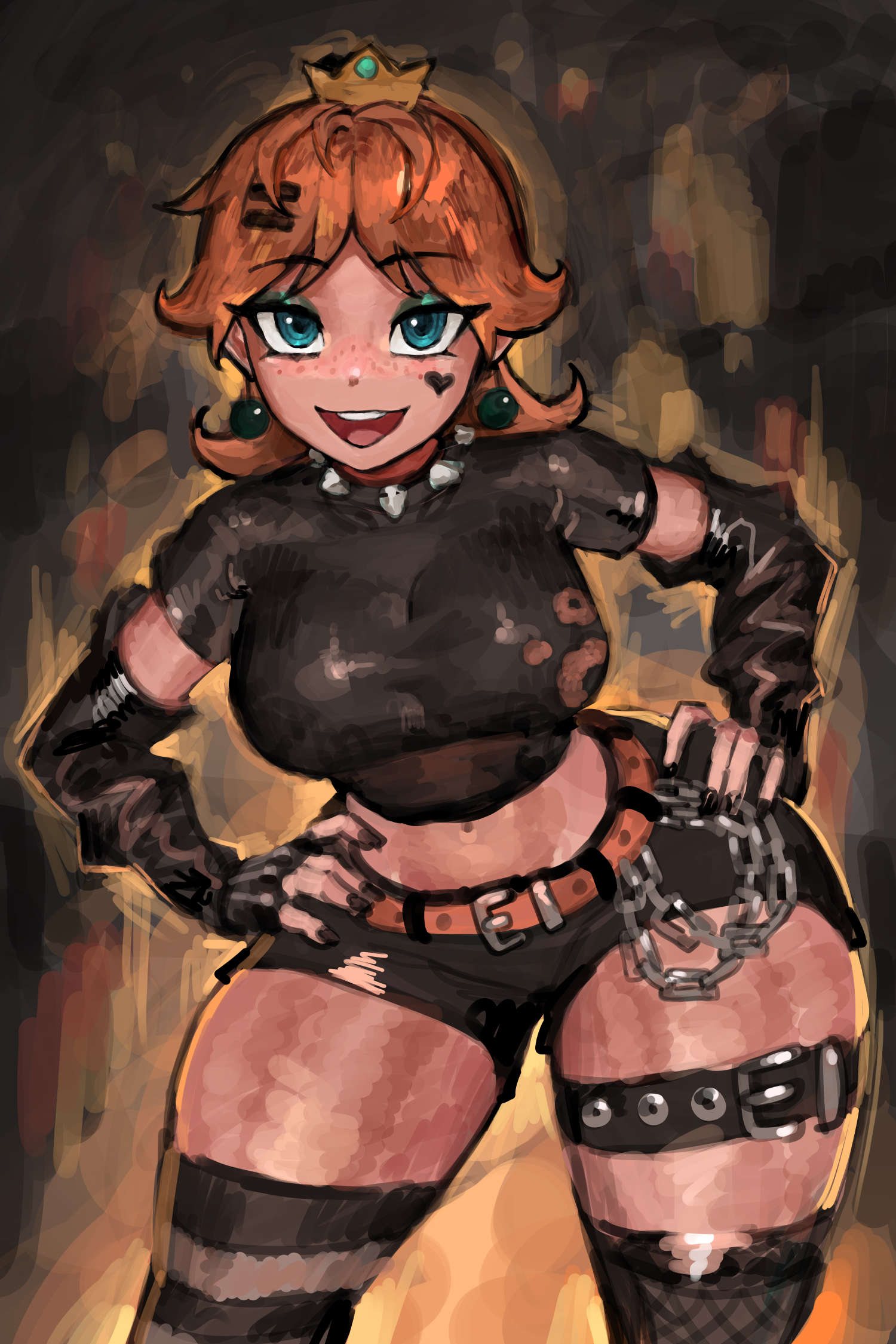 1girls, belt, black gloves, black shirt, black shorts, blue eyes, breasts, brown hair, choker, collar, cropped shirt, fishnet thighhighs, fishnets, gloves, goth, goth fashion, goth girl, gothified, hand on own hip, highres, large breasts, mario (series), midriff, nintendo, open mouth, princess daisy, saiykik, shirt, shorts, solo, spiked collar, spikes, thick thighs, thigh belt, thigh strap, thighhighs, thighs, wide hips