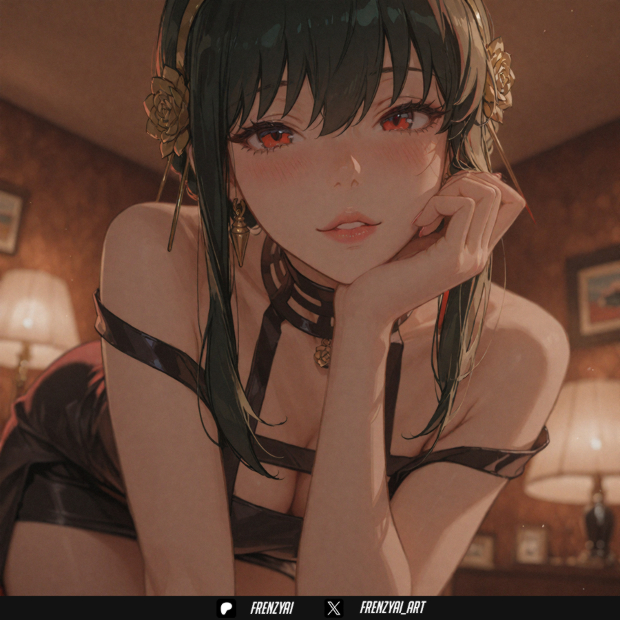 1girl, ai generated, bangs, bare shoulders, black dress, black hair, blurry, blush, breasts, cleavage, dress, earrings, film grain, flower, frenzyai, gold earrings, gold hairband, hair flower, hair ornament, hairband, indoors, jewelry, looking at viewer, parted lips, partially bordered, patreon logo, patreon username, red eyes, rose, sidelocks, solo, spy x family, twitter username, yor briar