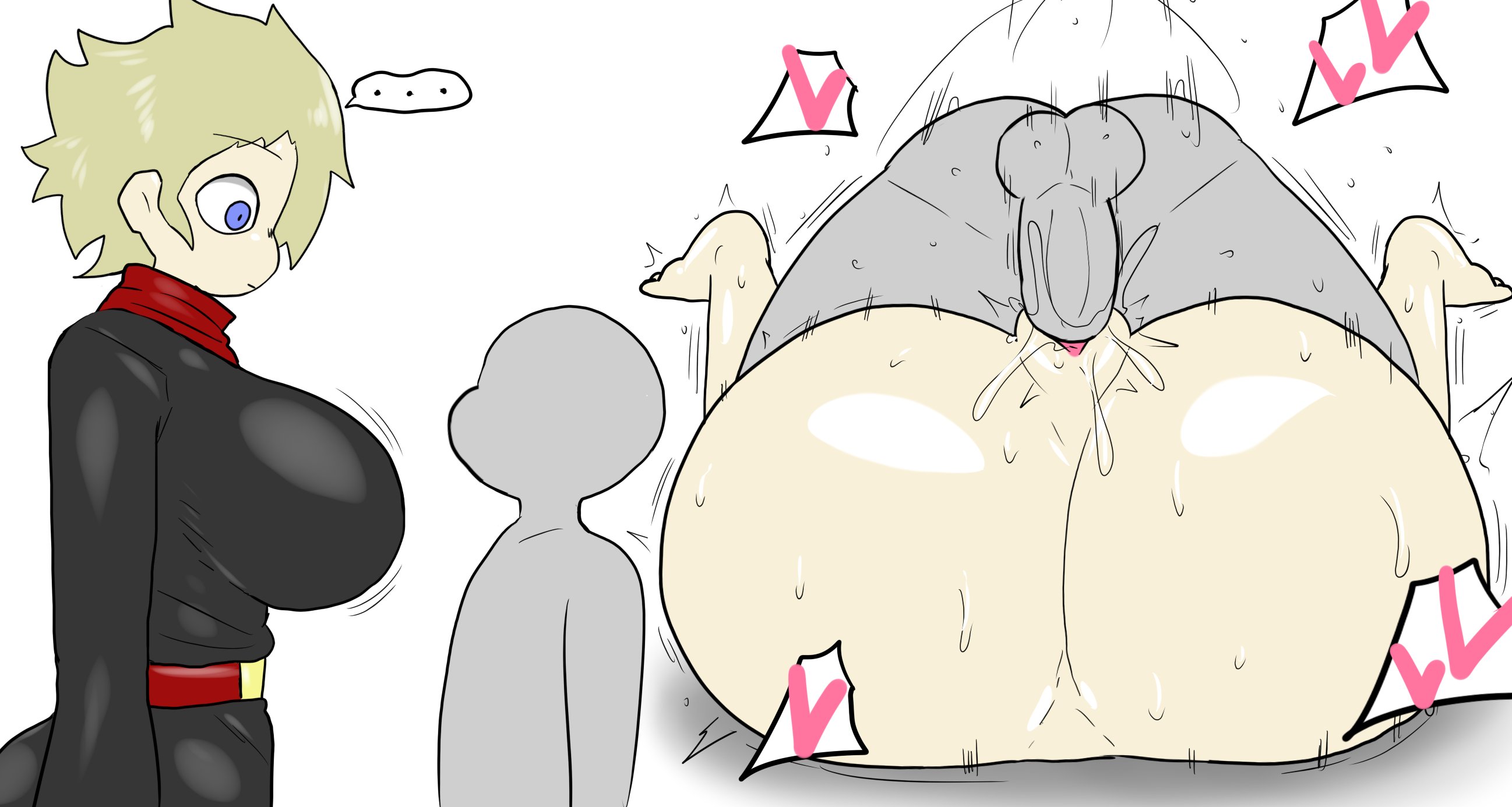 1boy, 1girls, balls, big ass, big breasts, bigger female, blonde hair, blue eyes, enigi09, erika (enigi09), faceless male, female, hyper ass, male, male/female, mating press, motion lines, naked, naked female, naked male, original, original character, penetration, penis, sex, short hair, small dom big sub, smaller male, spoken ellipsis, spoken heart, sweat, taller female, white background