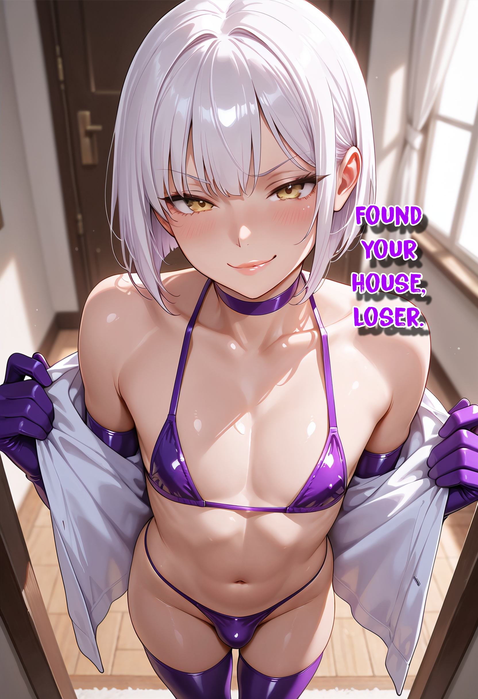 1boy, ai generated, balls in panties, bare shoulders, bikini bottom, bikini top, bob cut, choker, elbow gloves, femboy, indoors, looking at viewer, navel, open clothes, open shirt, otoko no ko, panties, pov, purple bikini, purple gloves, purple thighhighs, short hair, smirk, swimsuit, text, thighhighs, white clothing, white hair, yellow eyes