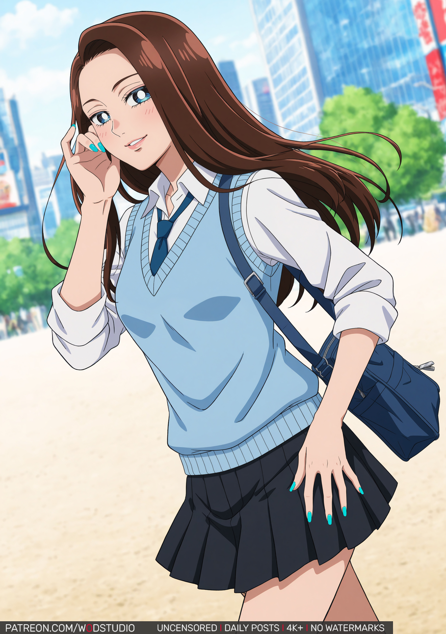 1girl ai-created ai_generated amane_kei bag black_clothes black_skirt blue_eyes blue_nails blue_necktie blue_neckwear blue_sweater_vest blurry_background blush bright_pupils brown_hair building clothing collared_shirt day female female_only high_resolution long_hair looking_at_viewer nail_polish necktie neckwear otaku_ni_yasashii_gal_wa_inai!? outdoors parted_lips pleated_skirt school_bag school_uniform shirt skirt smile solo sweater_vest uniform vest white_pupils white_shirt wodstudio