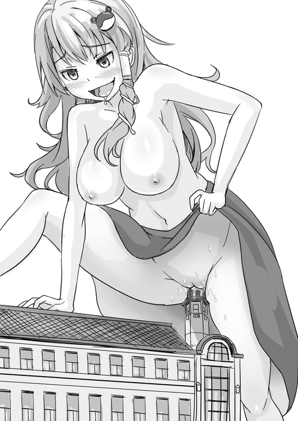 blush breasts building building_insertion female frog_hair_ornament giantess hair_ornament kuro_oolong large_breasts macro monochrome navel nipples no_panties object_insertion open_mouth pussy_juice sanae_kochiya skirt skirt_lift smile snake_hair_ornament solo topless touhou tower vaginal_insertion vaginal_penetration