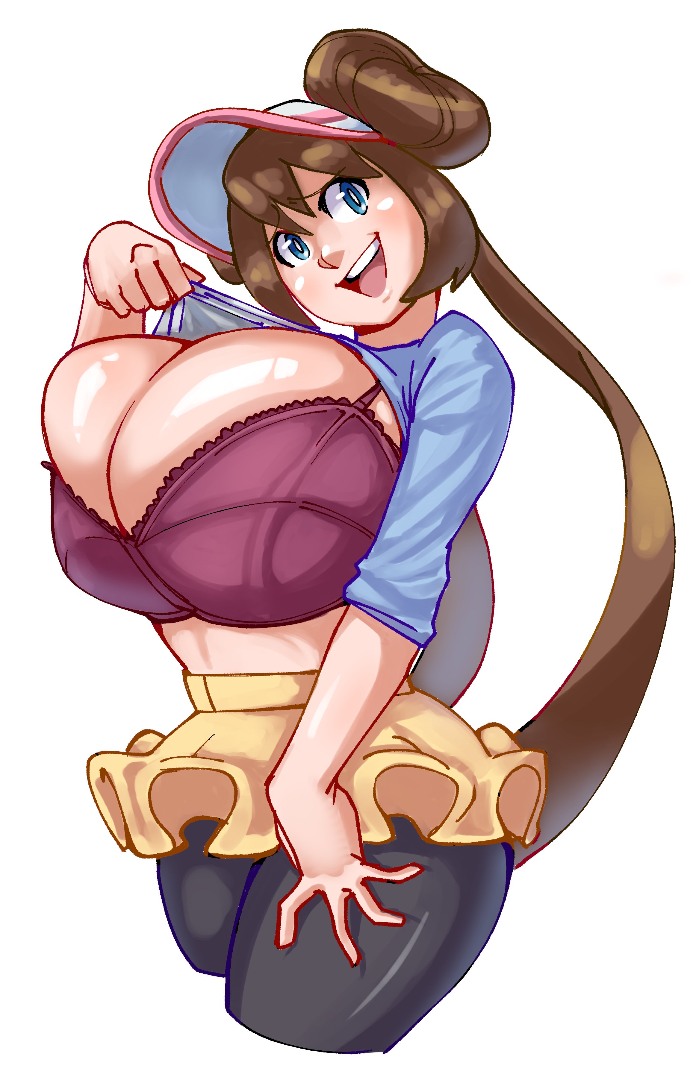 1girls, auroch nsfw, bra, brown hair, cleavage, female, large breasts, long hair, nintendo, pokemon, pokemon bw, pokemon bw2, rosa (pokemon), smile, tights, twintails