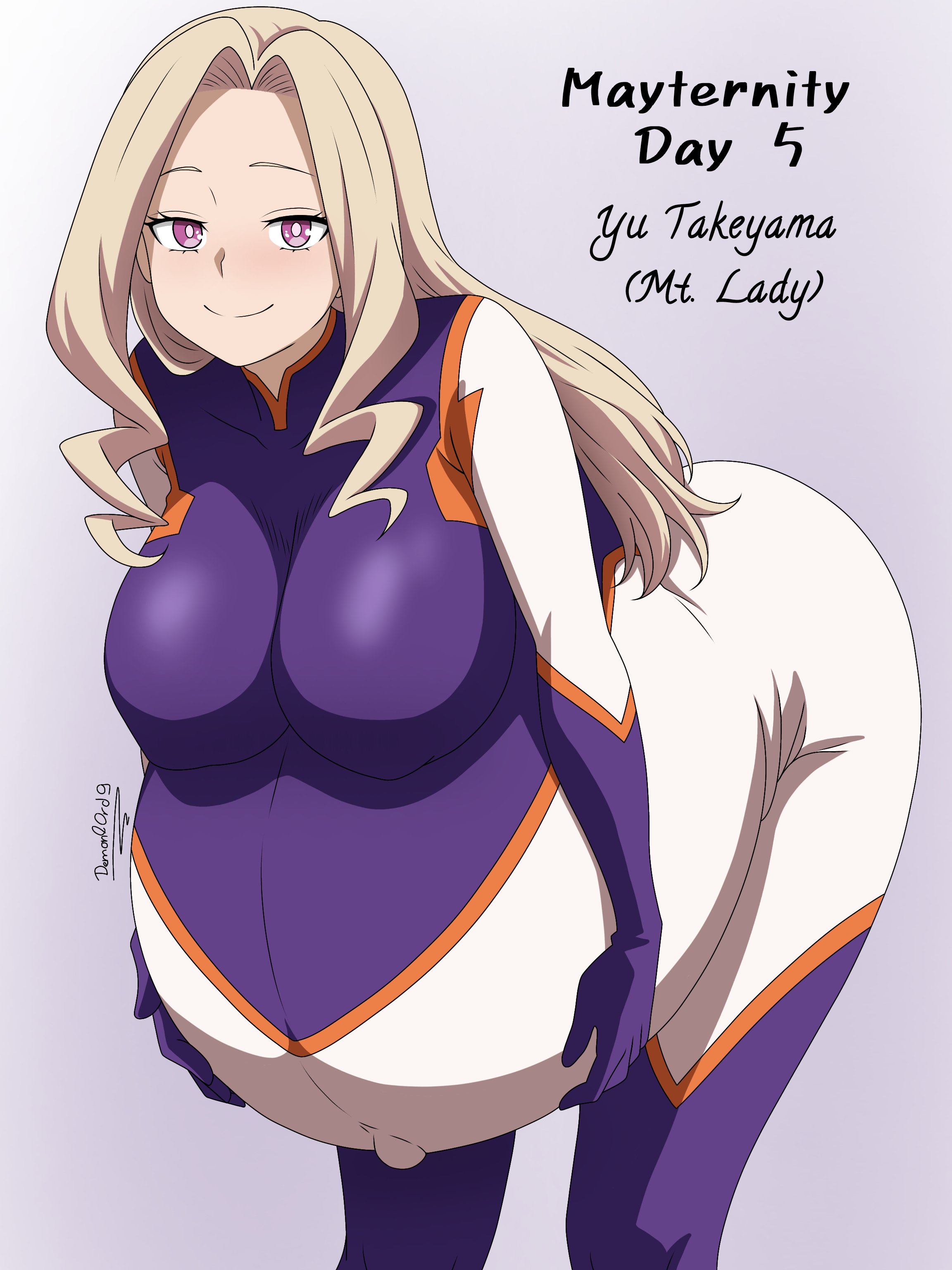 belly overhang, big belly, big breasts, blonde hair, blush, demonl0rd9, hands on belly, holding, holding belly, hyper belly, large breasts, looking at viewer, massive belly, mayternity, mount lady, my hero academia, popped navel, pregnant, pregnant belly, pregnant female, smile, tight clothing, white skin, yu takeyama