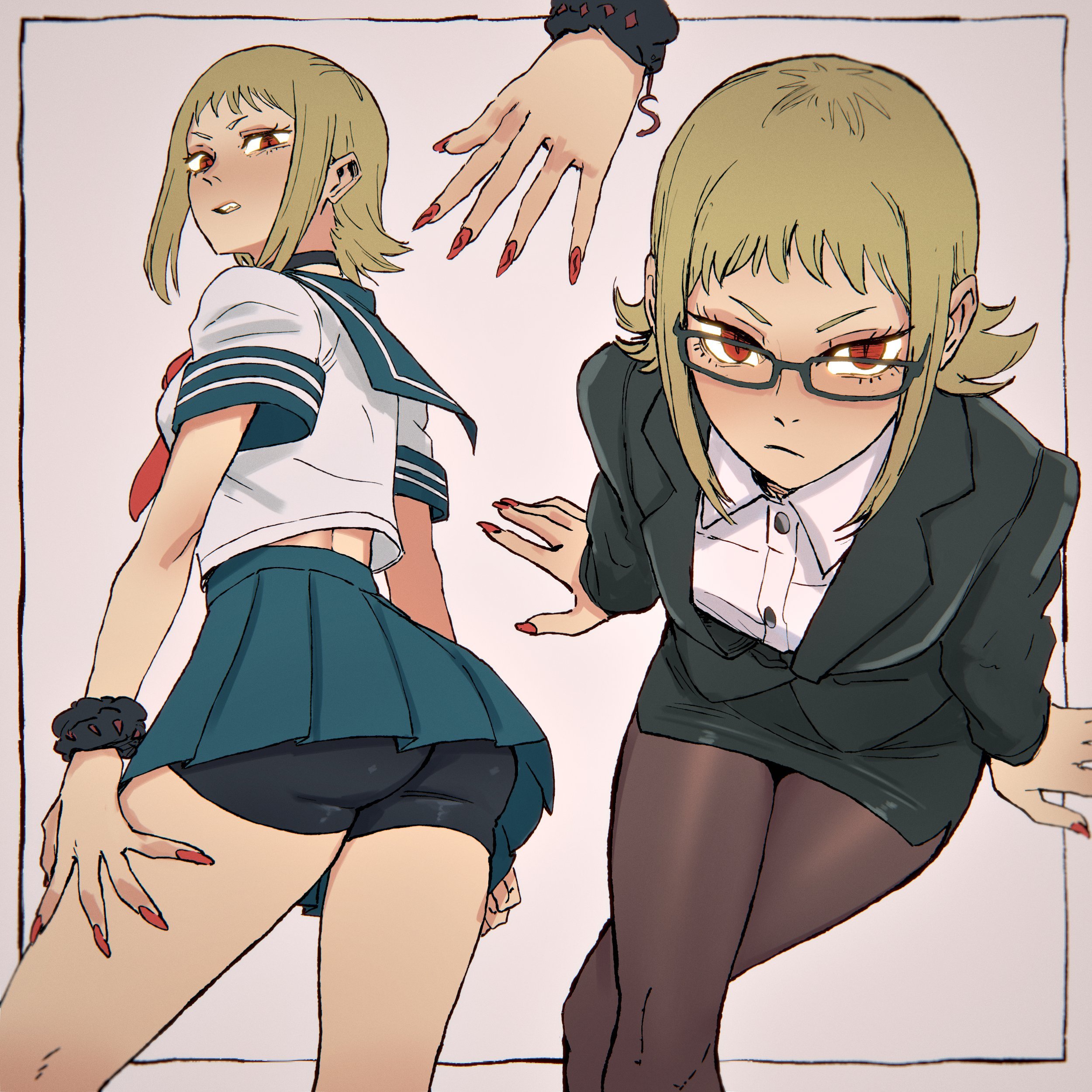 ass, ass focus, bike shorts, bike shorts under skirt, blonde hair, chainsaw man, choker, female, female focus, female only, glasses, looking at viewer, looking down, nail polish, pantyhose, red eyes, sawatari akane, school uniform, serafuku, shounen jump, skirt, snake eyes, suit, tagme, xandredarium