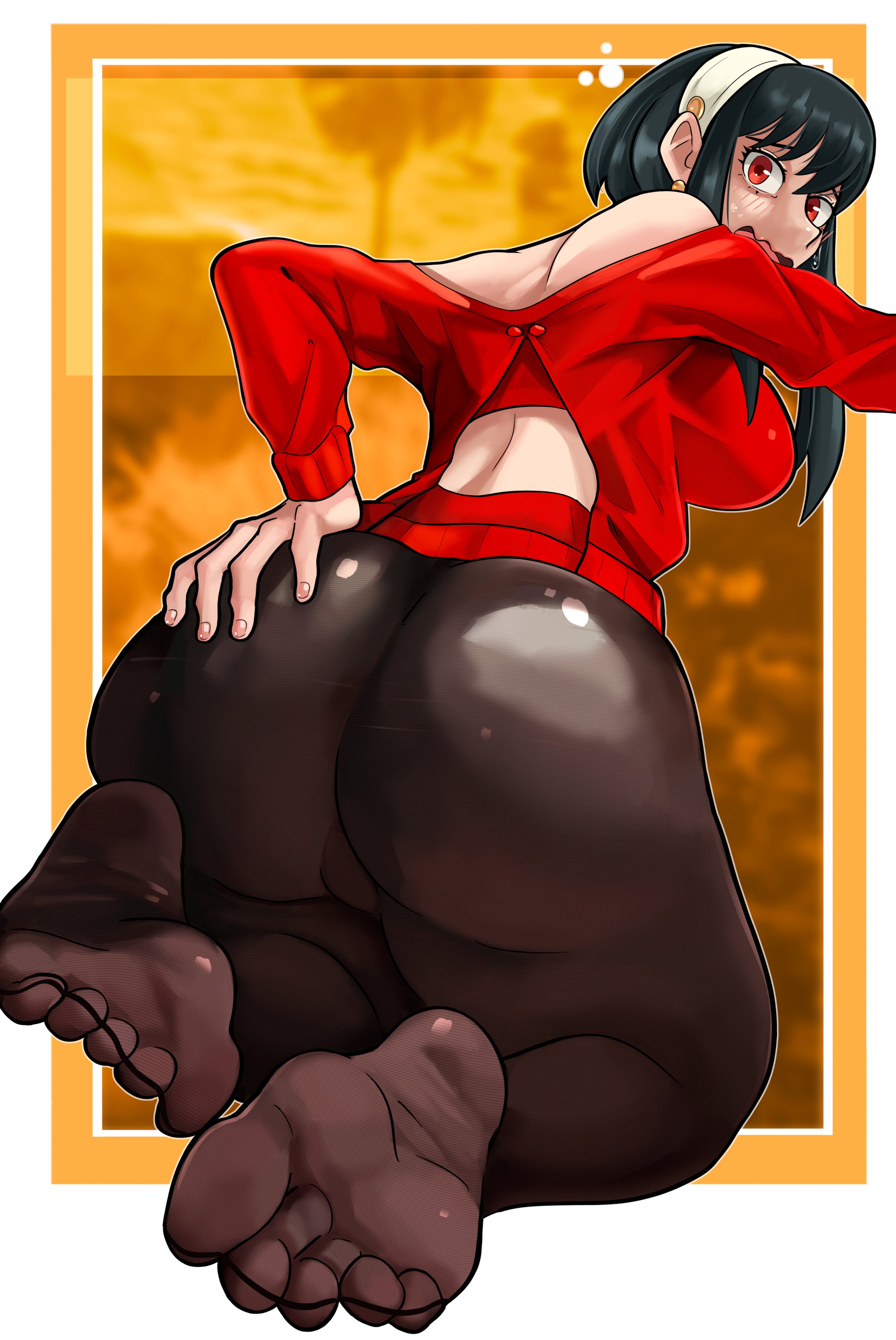 1girls, ass, cameltoe, feet, foot fetish, huge ass, nervous, pantyhose, pepperoni ravioli, red sweater, shocked, soles, spy x family, sweater, thick ass, thick thighs, toes, wide hips, yor briar