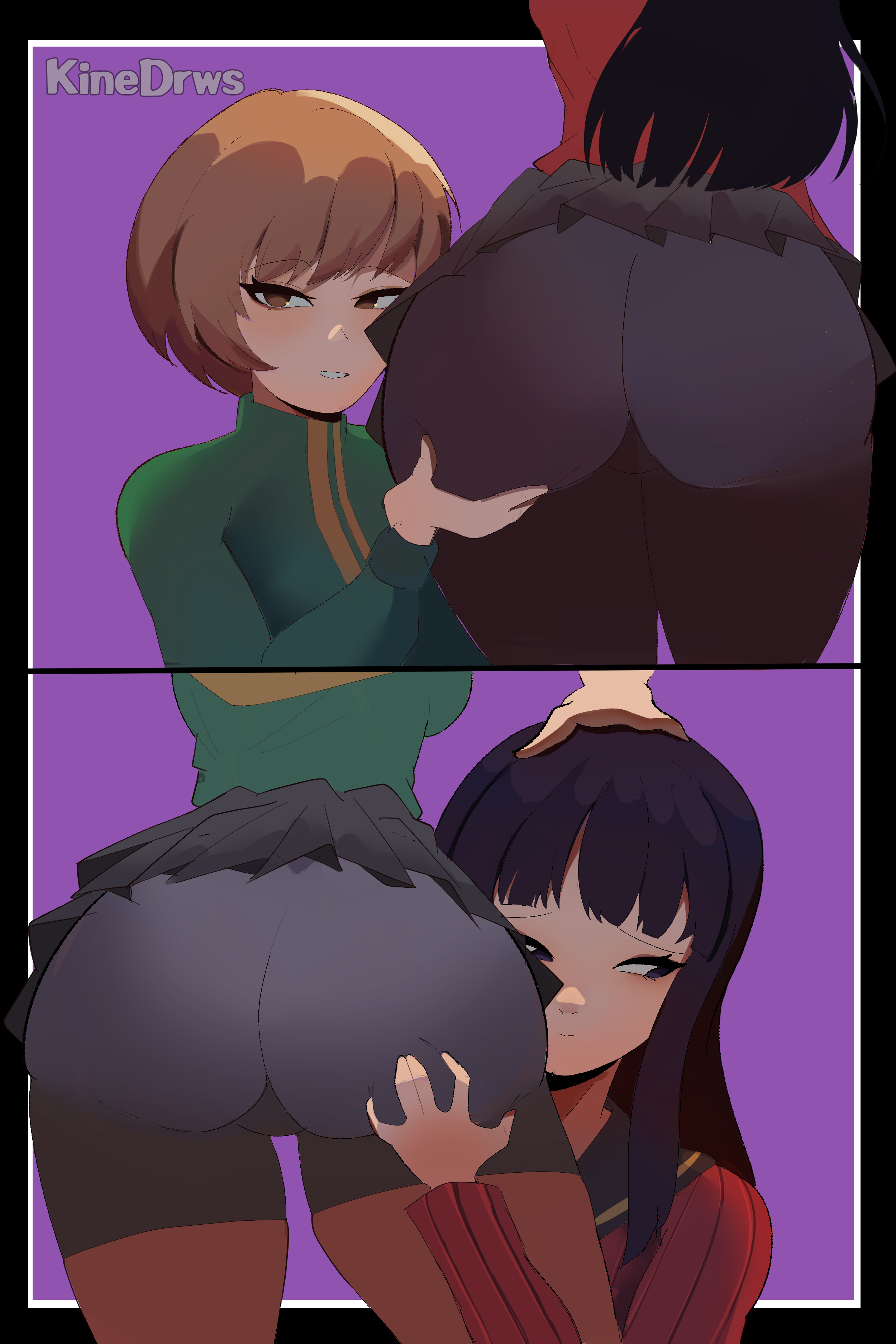 2girls, amagi yukiko, ass, ass grab, atlus, bike shorts, black hair, brown hair, female, female only, female/female, kichune, long hair, persona, persona 4, satonaka chie, short hair, spats, upskirt, yuri