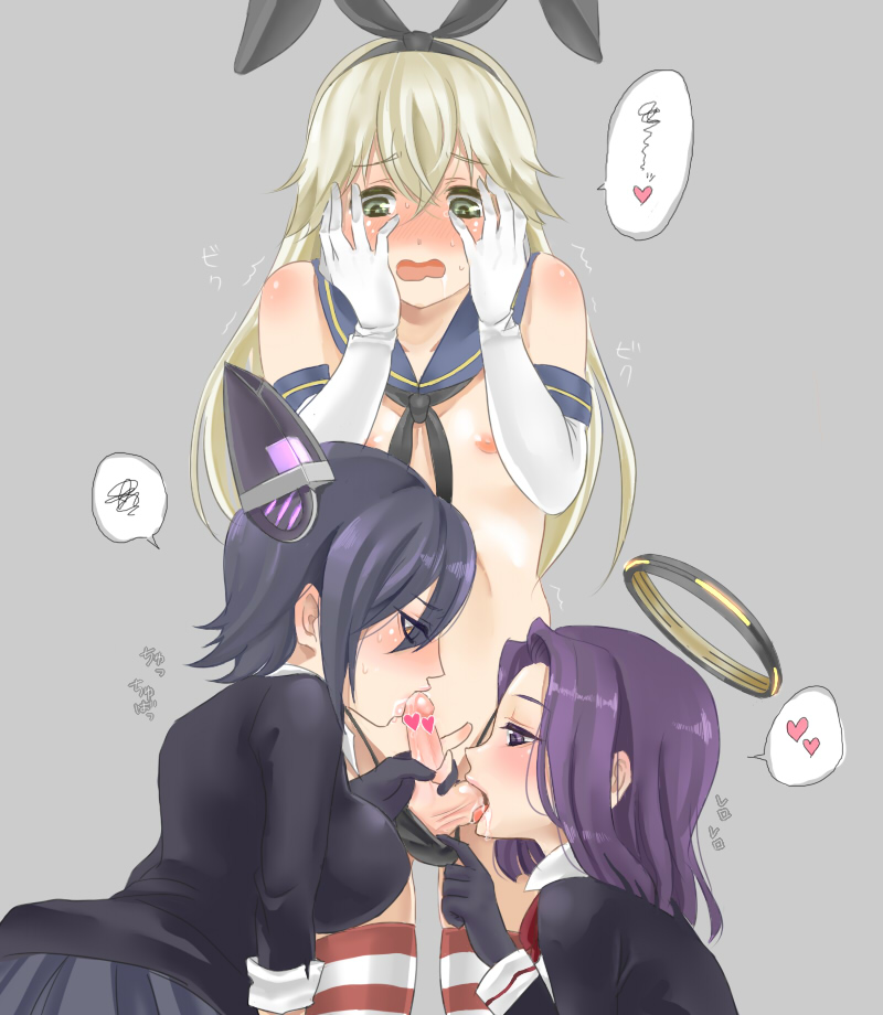 1boy, 2girls, balls, balls sucking, blonde hair, blush, censored, collaborative fellatio, crossdressing, cum, cum in mouth, fellatio, female, femboy, femboy on female, genderswap, genderswap (ftm), girly, gloves, green eyes, hair, kantai collection, long hair, maki (seventh heaven maxion), male, male/female, open mouth, oral, penis, purple eyes, purple hair, rule 63, shimakaze (kantai collection), straight, tatsuta (kantai collection), teamwork, tenryuu (kantai collection), testicles, threesome, trap