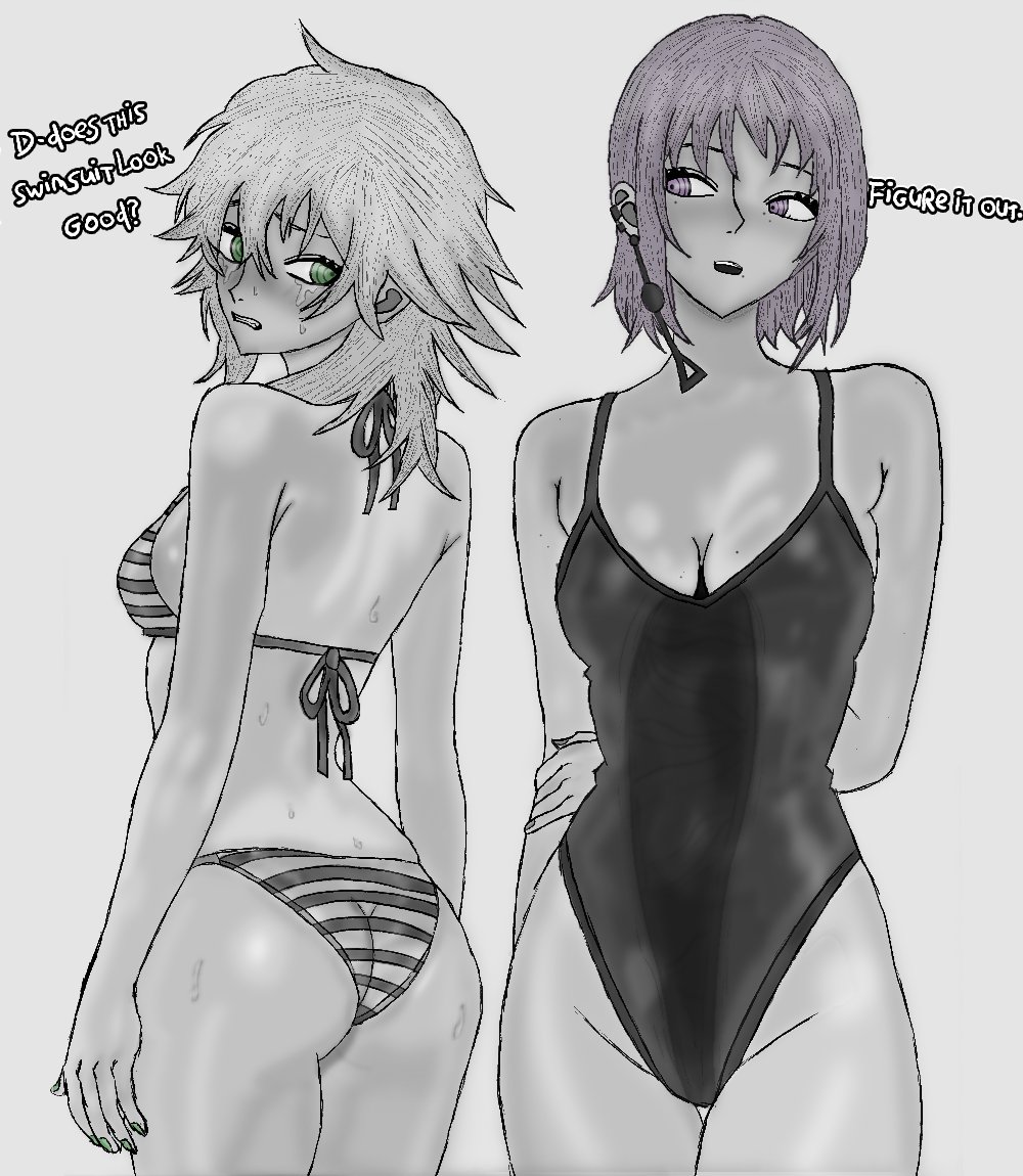 2girls, alternate version available, ass, bikini, breasts, chainsaw man, cleavage, crying, death devil (chainsaw man), demon girl, dialogue, earring, fami (chainsaw man), female, female focus, female only, green eyes, hole in stomach, purple eyes, purple hair, shounen jump, sweat, sweatdrop, sweating, swimsuit, tagme, tight clothing