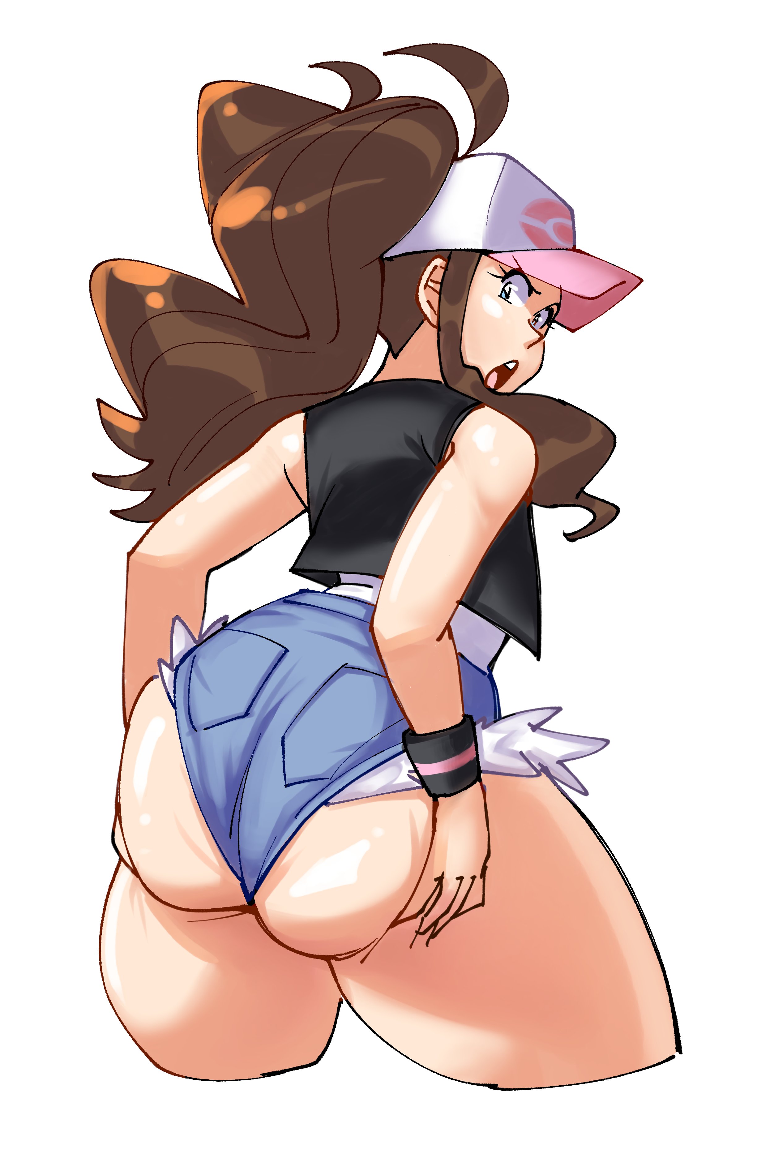 1girls, ass, ass hanging out, ass hanging out of shorts, auroch nsfw, baseball cap, booty shorts, bottom heavy, brown hair, female, hilda (pokemon), looking back, nintendo, pokemon, pokemon bw, ponytail, short shorts, shorts, thick thighs