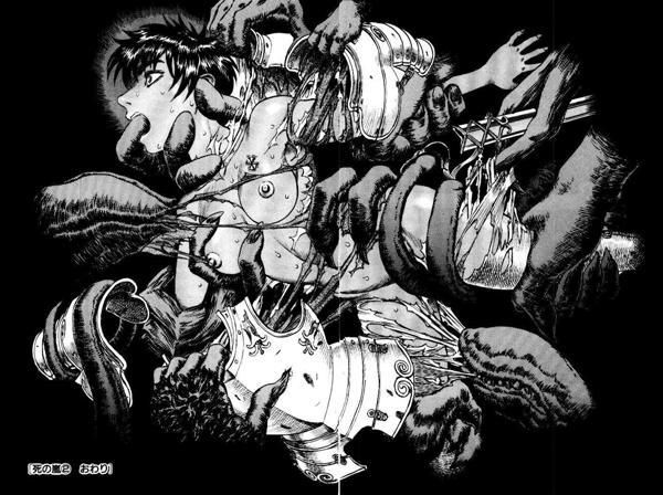 berserk, black and white, casca, dark skin, dark-skinned female, female, forced, manga, navel, nipples, rape, short hair, sweat, tentacles