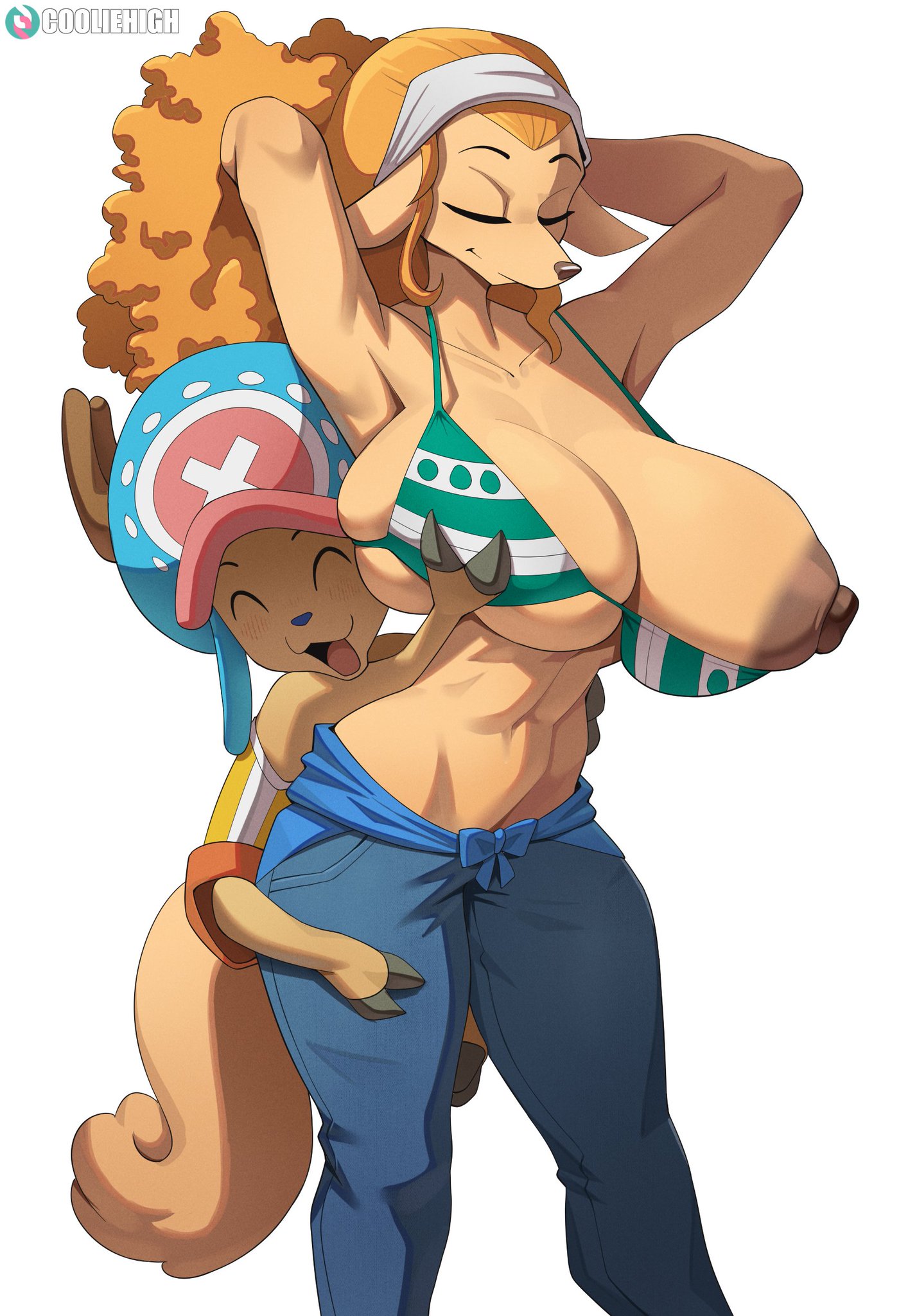 2026, big ass, big boobs, big breasts, big butt, big thighs, bra, clothing, cooliehigh, curly hair, female, furry, grabbing, grabbing breasts, hands behind head, headwear, male, nami (one piece) (cosplay), one piece, tony tony chopper, wanda (one piece)
