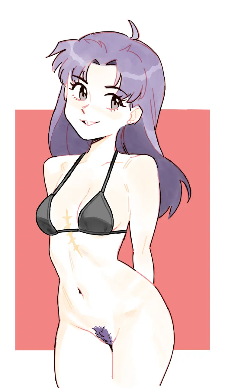 1girls, abstract background, ahoge, belly button, bikini top, black bikini top, bottomless, breasts, effyneprin, hands behind back, long hair, looking at viewer, misato katsuragi, neon genesis evangelion, pubic hair, purple hair, purple pubic hair, scar on chest, sineprin, smiling, smiling at viewer, solo female