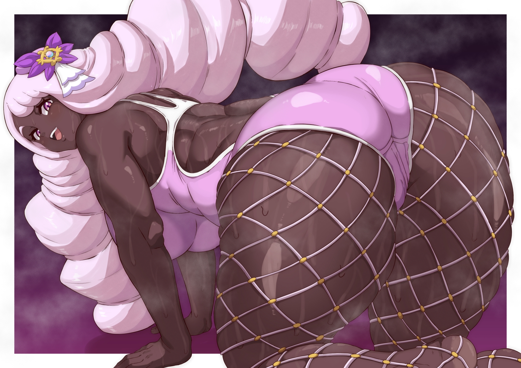 ass focus, curvy, dark skin, dark-skinned female, fishnets, from behind, gigantic ass, hyper ass, jacinthe (pokemon), large breasts, looking pleasured, one-piece swimsuit, oryuto, pink swimsuit, pokemon, pokemon legends: z-a, steam, sweat, sweaty, thick thighs, wide hips, yukari (pokemon)