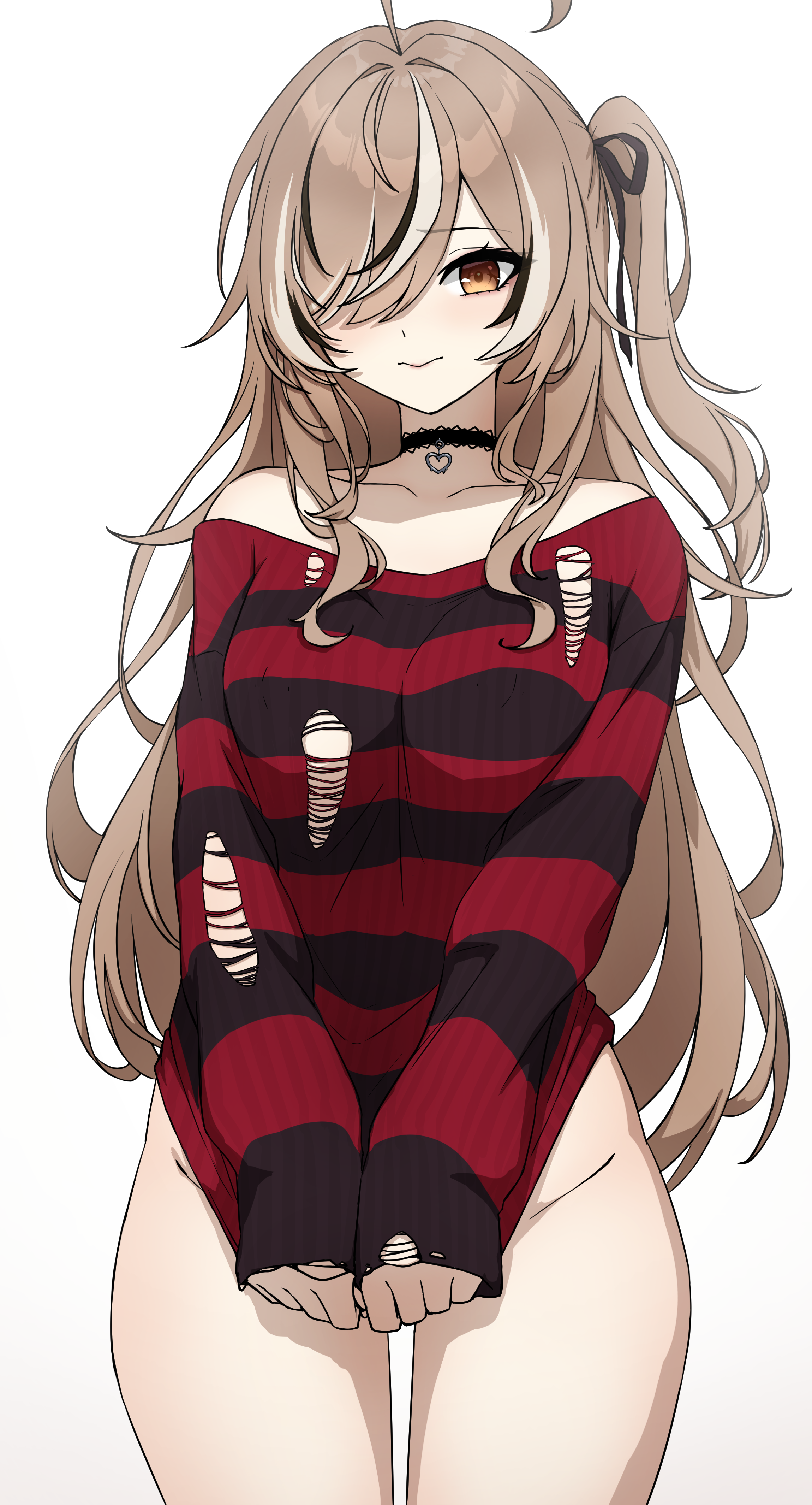 1girl, absurdres, ahoge, black choker, black streaks, black sweater, bottomless, breasts, brown eyes, brown hair, choker, closed mouth, clothes tug, commentary, daydarion, dayyo (daydarion/day-chan), embarrassed, english commentary, female, female only, furrowed brow, graduated vtuber, groin, hair over one eye, highres, hips, hololive, hololive english, lace trim, lace-trimmed choker, long hair, looking at viewer, medium breasts, multicolored hair, nanashi mumei, nanashi mumei (emo), no pants, official alternate costume, official alternate hairstyle, one side up, pendant choker, red sweater, ripped clothing, side-tie bikini bottom, simple background, solo, solo female, streaked hair, striped clothes, striped sweater, sweater, sweater tug, swept bangs, swimsuit, thighs, torn clothes, torn sweater, underboob, very long hair, virtual youtuber, white background, white streaks