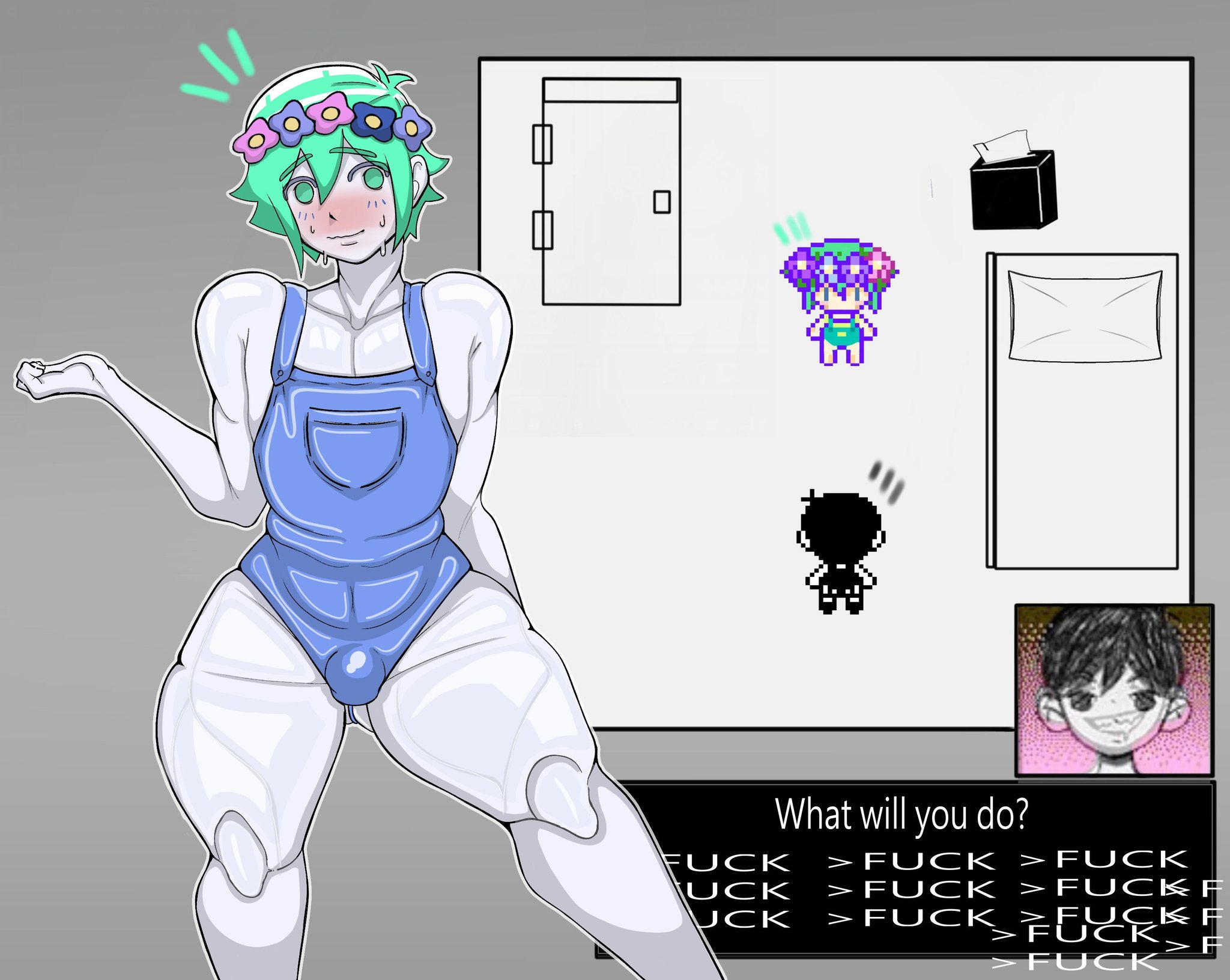 2boys, basil (headspace), basil (omori), bulge, femboy, green hair, male, male only, male/male, omori, omori (character), text, yomiee