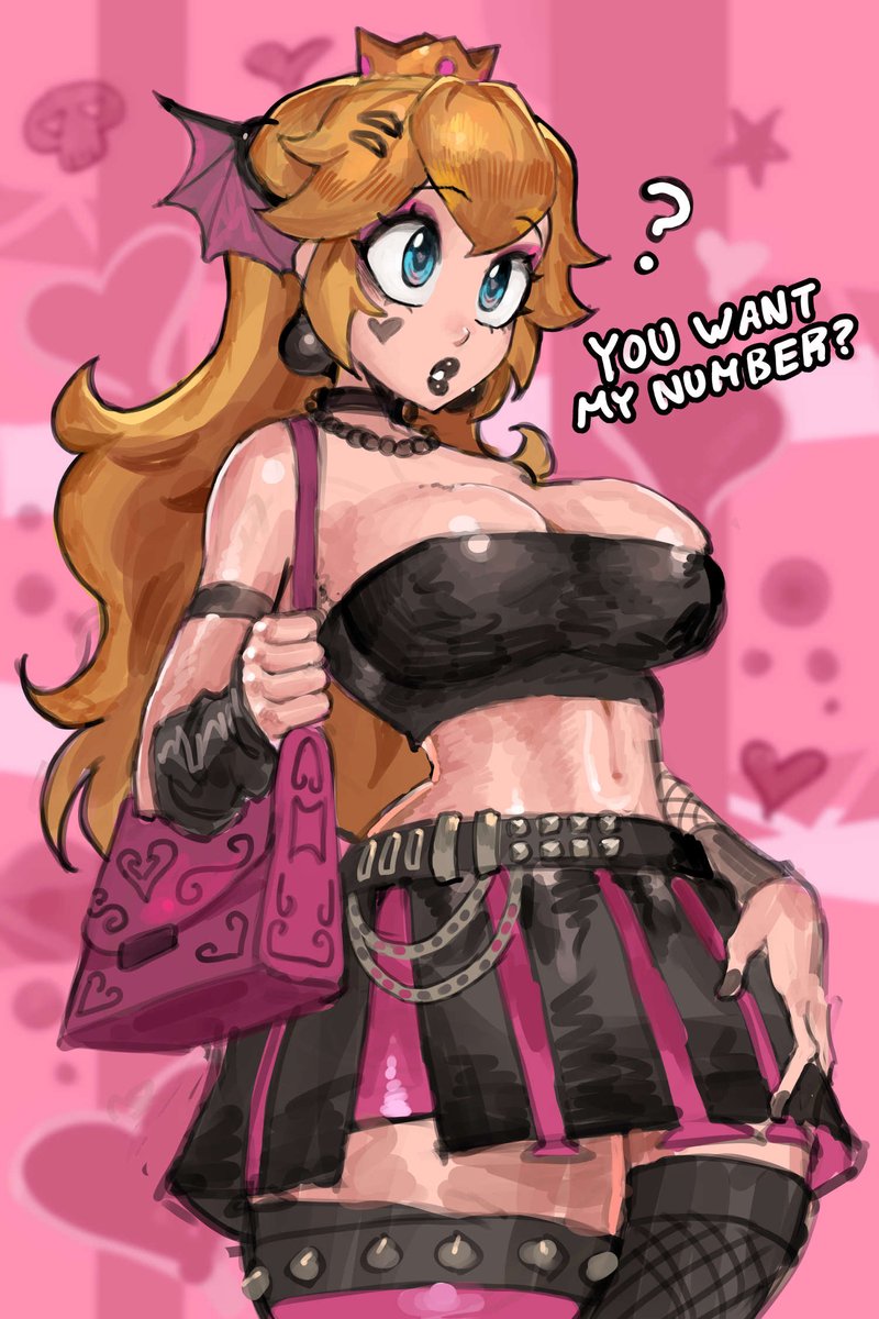 1girls, alternate costume, armlet, bag, bat wings, belt, big breasts, black lips, black skirt, blonde hair, blue eyes, breasts, busty, choker, crown, earrings, english text, fishnet thighhighs, fishnets, goth, goth fashion, goth girl, gothified, hair between eyes, hair ornament, hand on own hip, hand on own leg, handbag, head wings, heart, highres, jewelry, large breasts, lipstick, long hair, makeup, mario (series), miniskirt, navel, necklace, nintendo, pink background, pink bag, pink skirt, princess peach, saiykik, sidelocks, skirt, spiked thigh strap, strapless, thighhighs, toned, tube top, two-tone skirt, voluptuous, wings, wristband