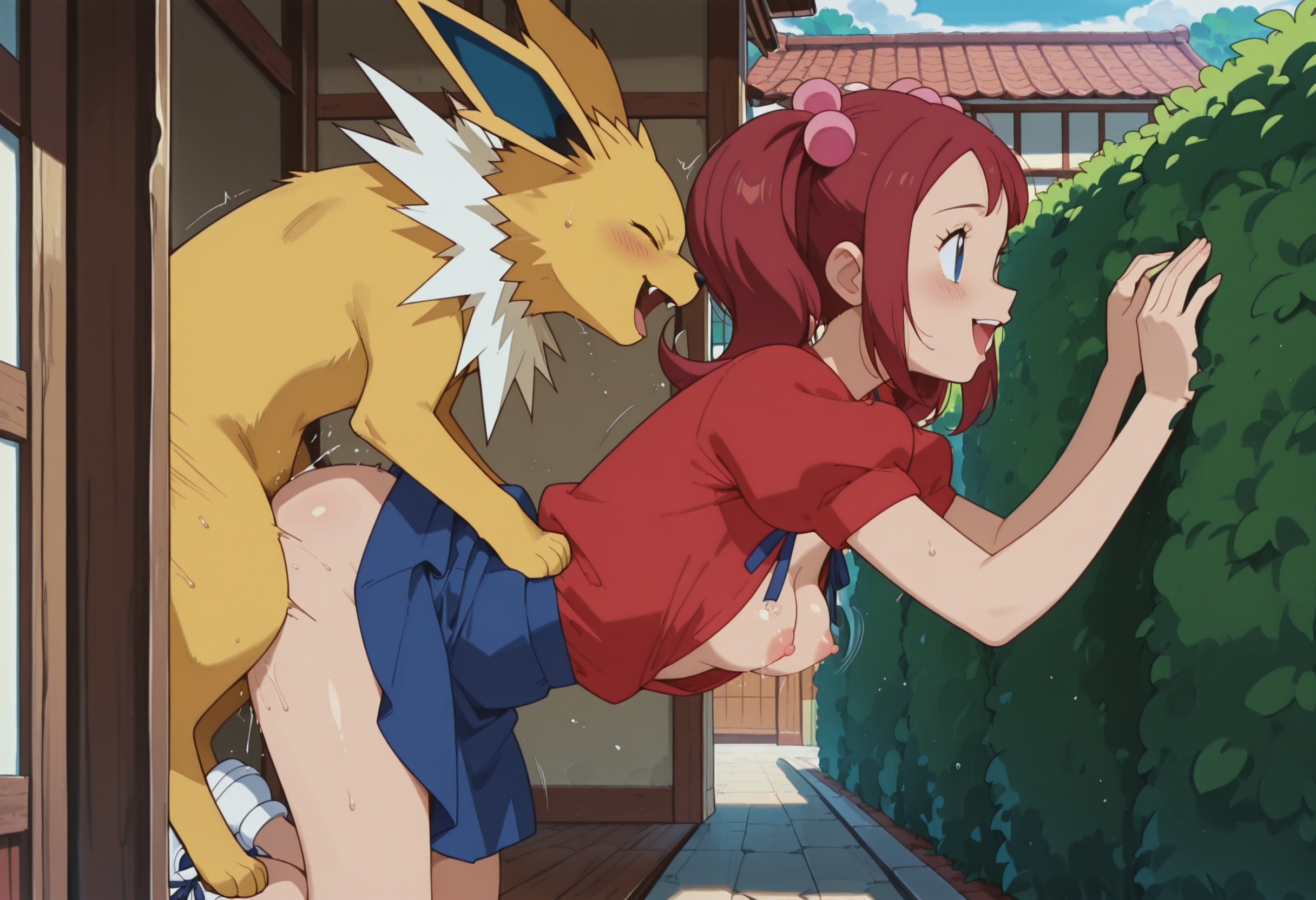 1boy, 1boy1girl, 1girl, 1girl1boy, 1girls, ai, ai art, ai assisted, ai generated, ai-created, beastiality, breasts, breasts out, clothed sex, duo, female human, female human/male pokemon, game freak, generation 1 pokemon, greymaker, hetero, hetero sex, hiding, interspecies, interspecies sex, jolteon, kimono girl (pokemon), male jolteon, male pokemon, male pokemon/female human, nintendo, pokemon, pokemon (anime), pokemon (creature), pokemon (species), pokemon trainer, pokephilia, sakura (pokemon johto), sex, sex from behind, small breasts, stable diffusion, stealth sex, teenage girl, teenage tits